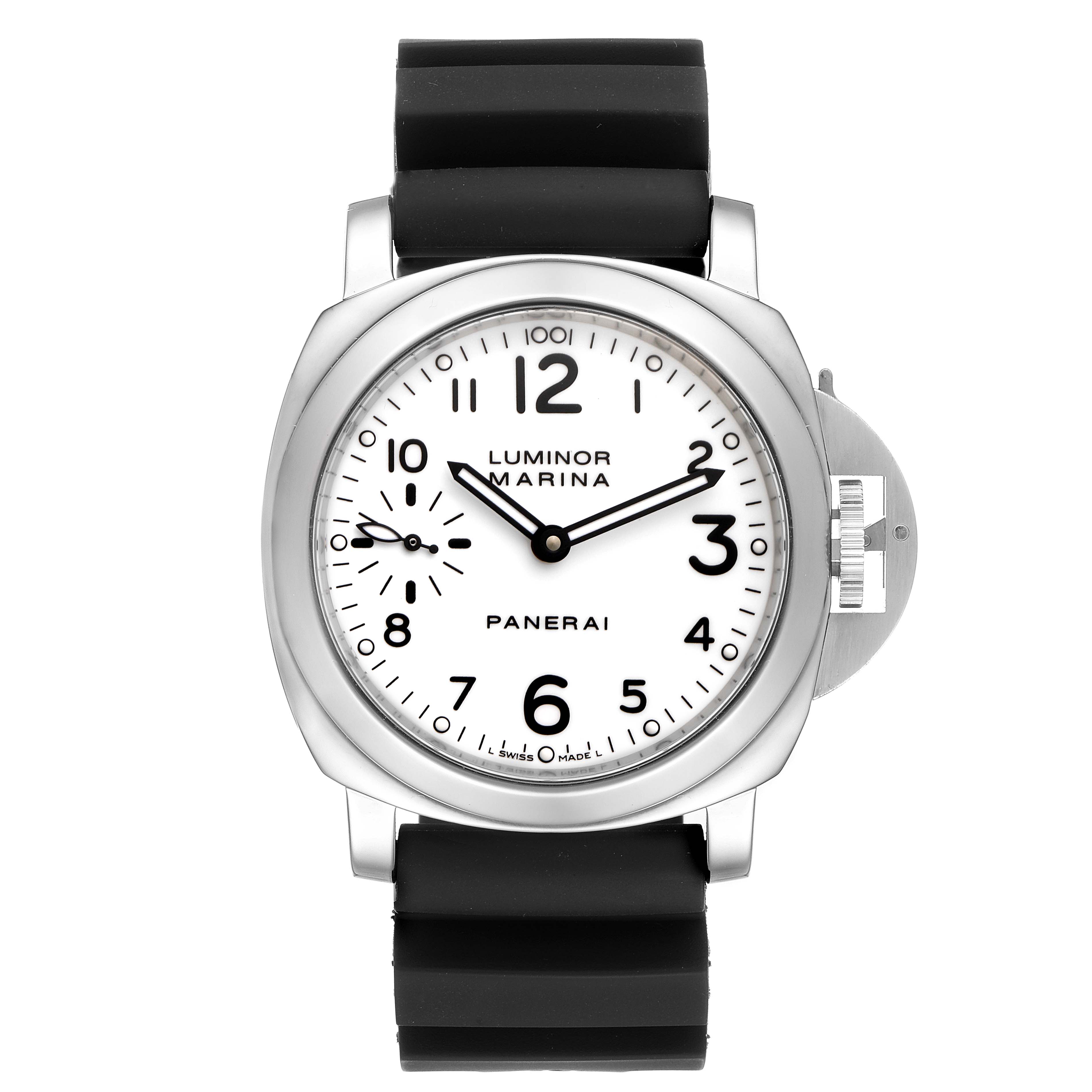 This image shows a full frontal view of the Luminor Marina watch by Panerai, displaying the face, bezel, and strap.