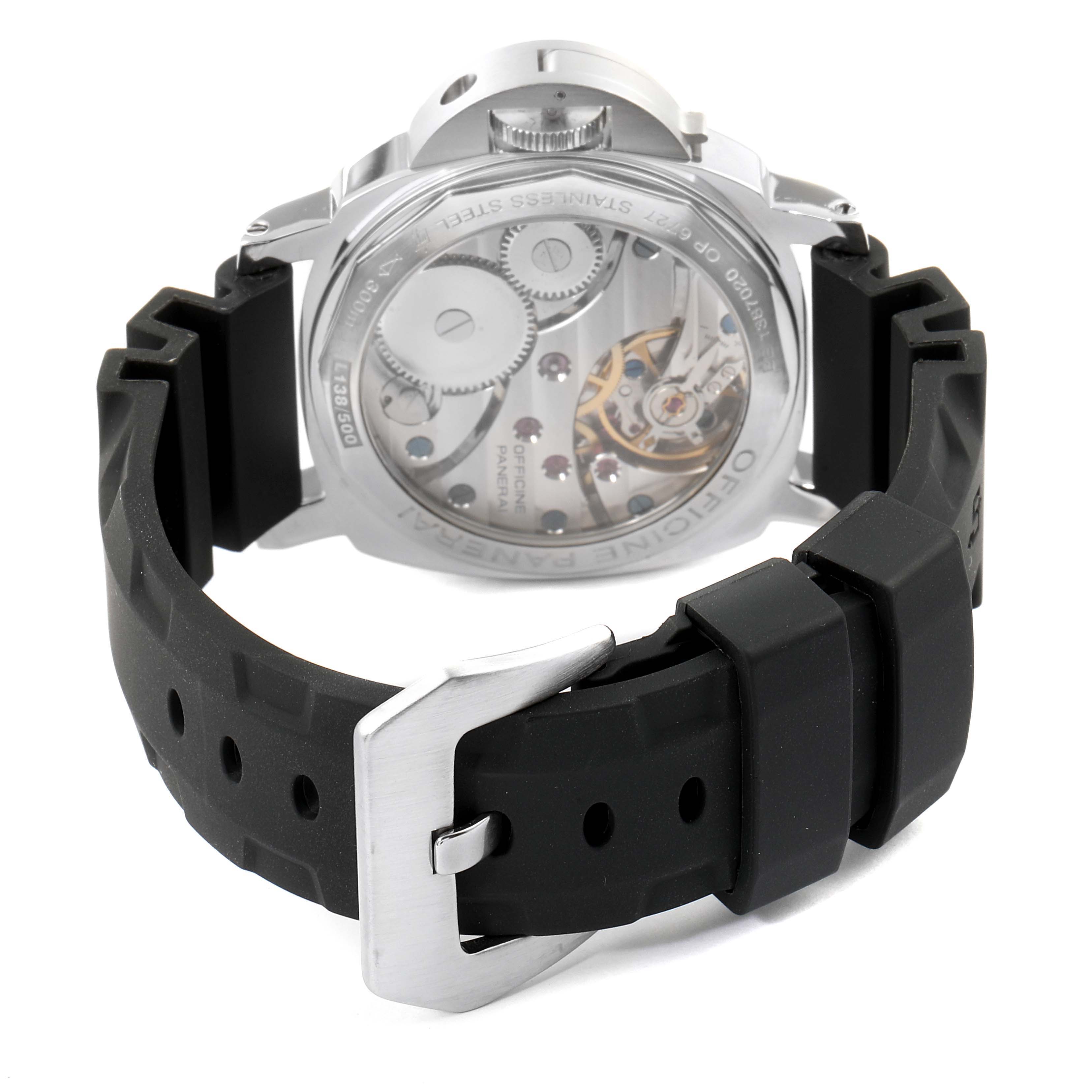 The image shows the back view of a Panerai Luminor PAM00113 Men's Stainless Steel White Dial PAM00113 Men's Stainless Steel White Dial watch, highlighting its movement and black rubber strap with a buckle.