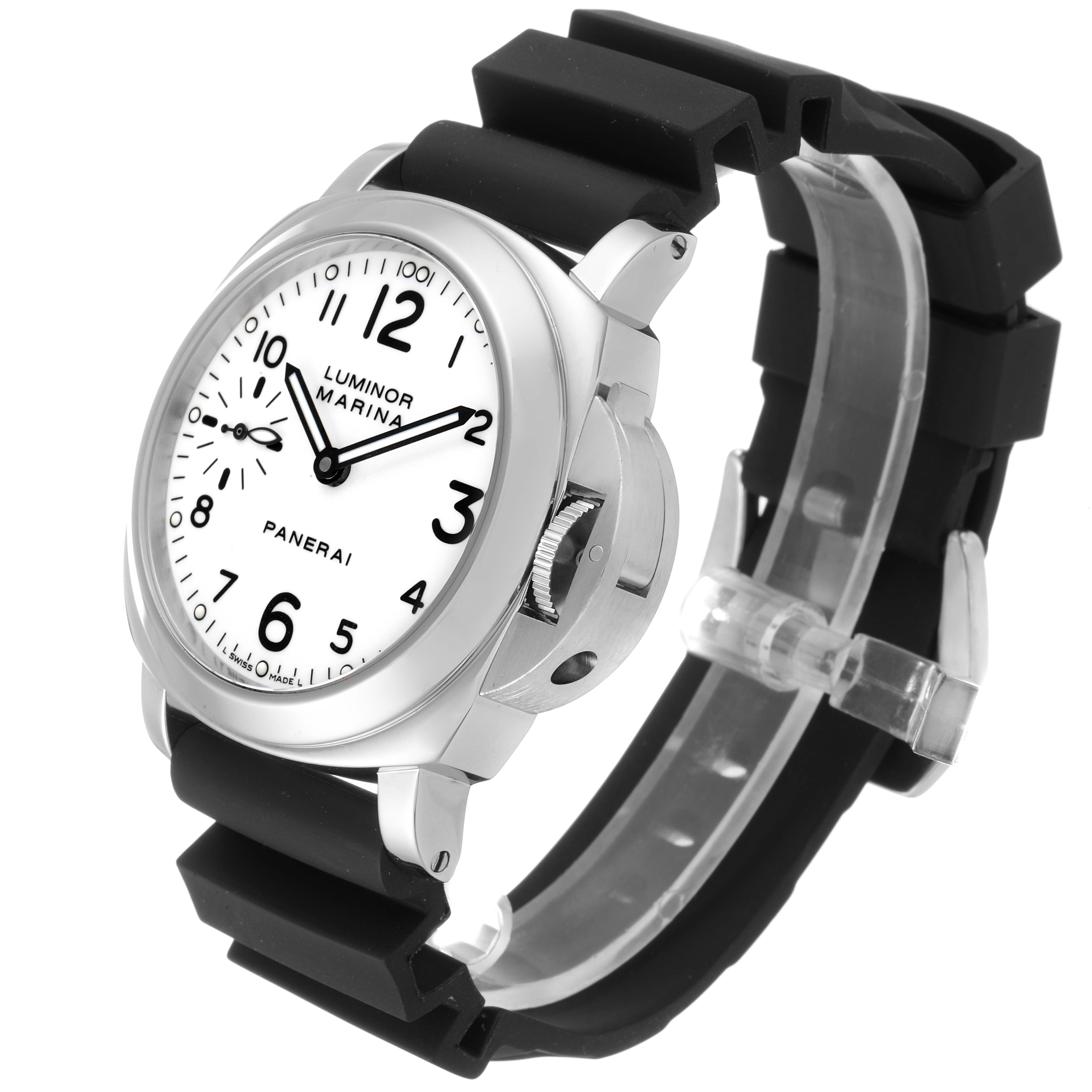 The image shows a Panerai Luminor PAM00113 Men's Stainless Steel White Dial PAM00113 Men's Stainless Steel White Dial Marina watch from an angled side view, highlighting the dial, case, and strap.