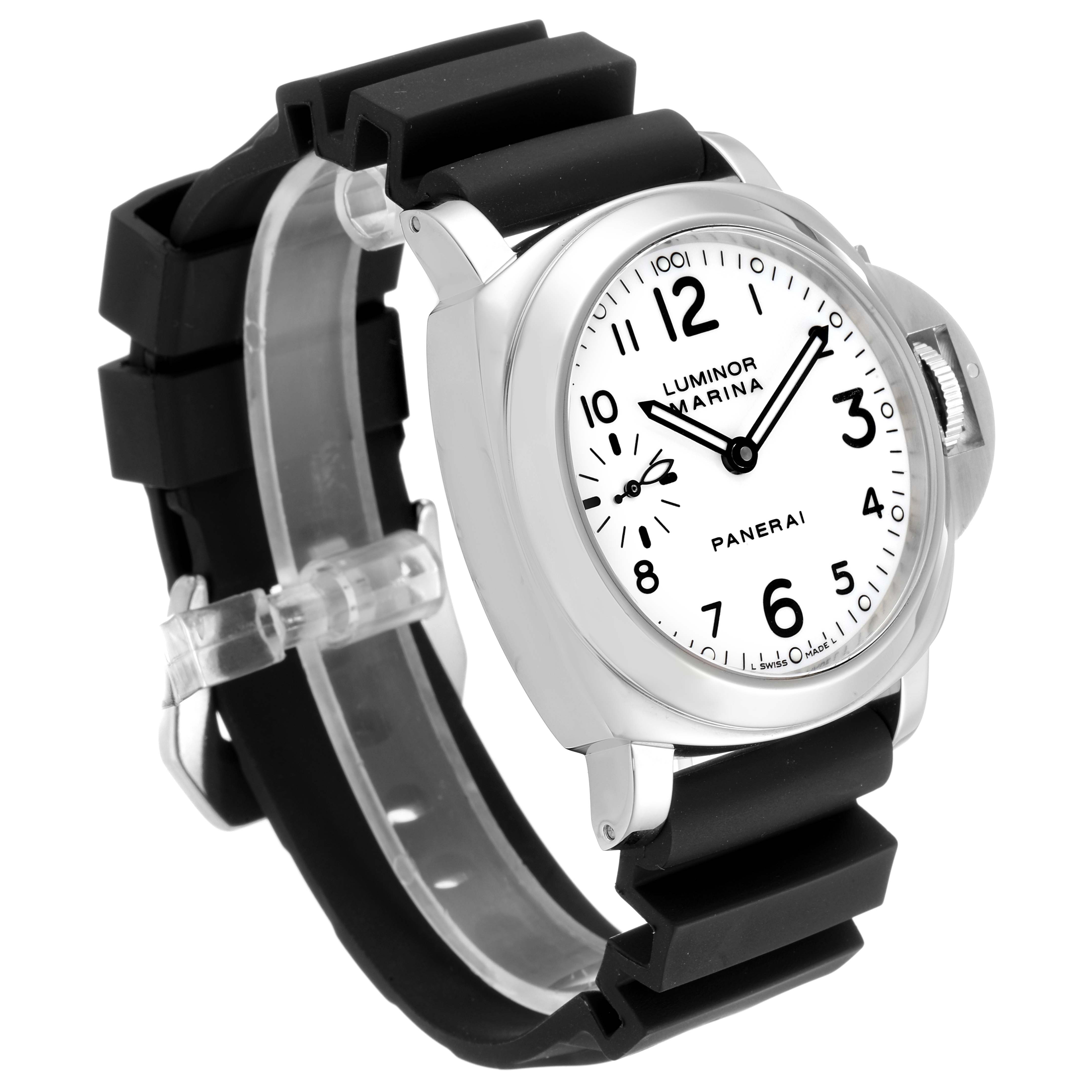 The image shows a Panerai Luminor PAM00113 Men's Stainless Steel White Dial PAM00113 Men's Stainless Steel White Dial watch at a three-quarter angle, highlighting its dial, case, and rubber strap.