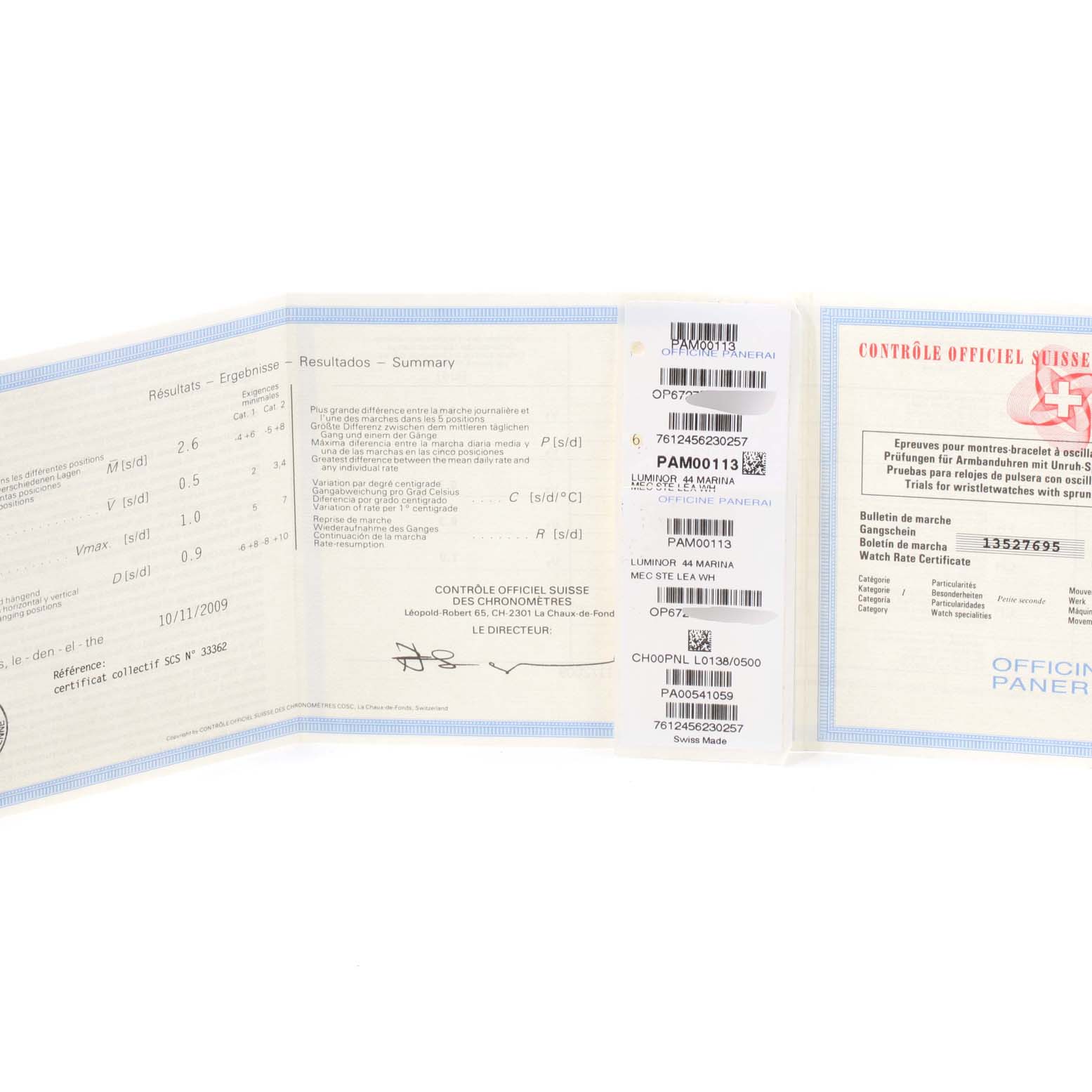 The image shows official documents and certificates for the Panerai Luminor PAM00113 Men's Stainless Steel White Dial PAM00113 Men's Stainless Steel White Dial model displayed flat and open.