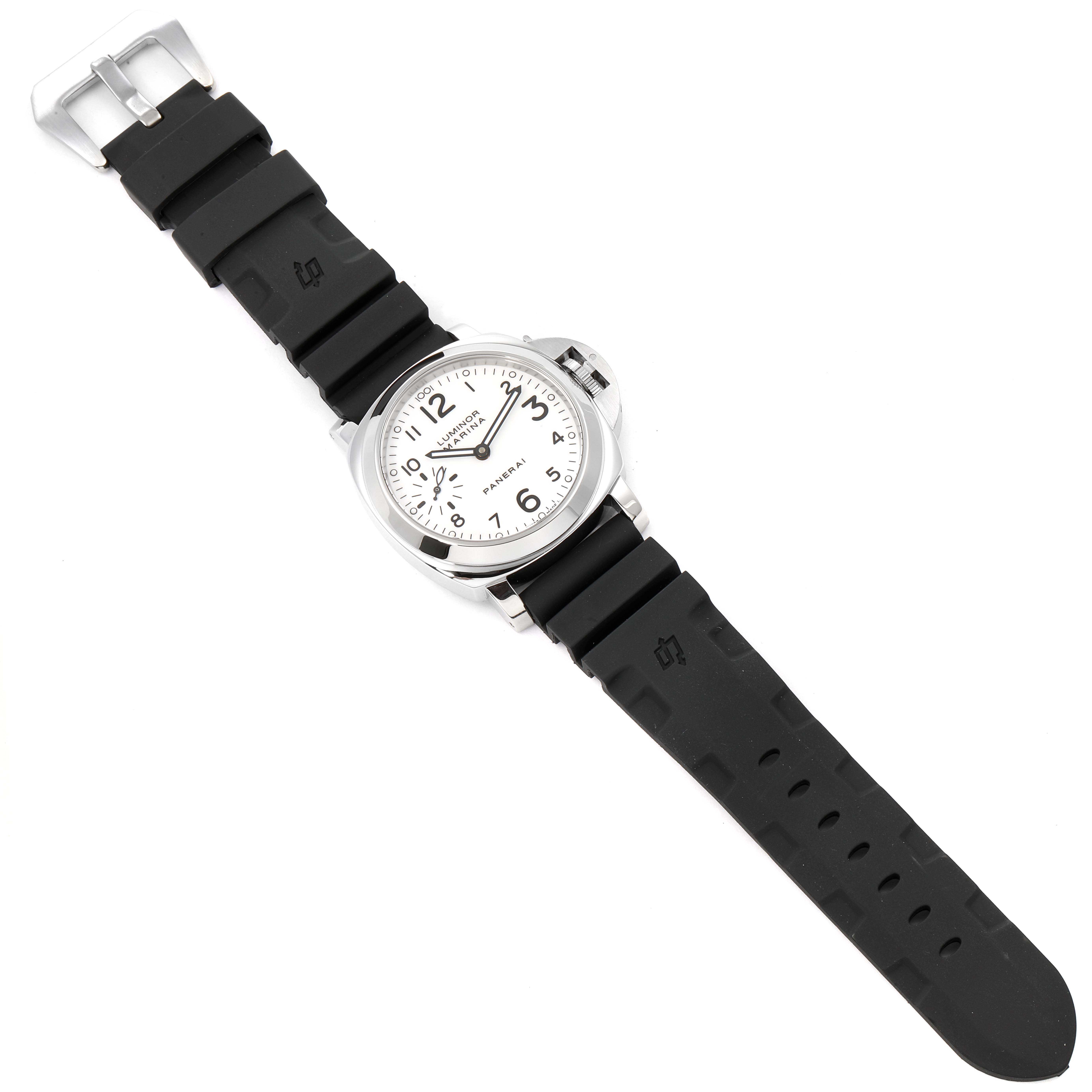 The image shows the Panerai Luminor PAM00113 Men's Stainless Steel White Dial PAM00113 Men's Stainless Steel White Dial watch from a top-down angle, displaying the face, bezel, crown guard, and strap.