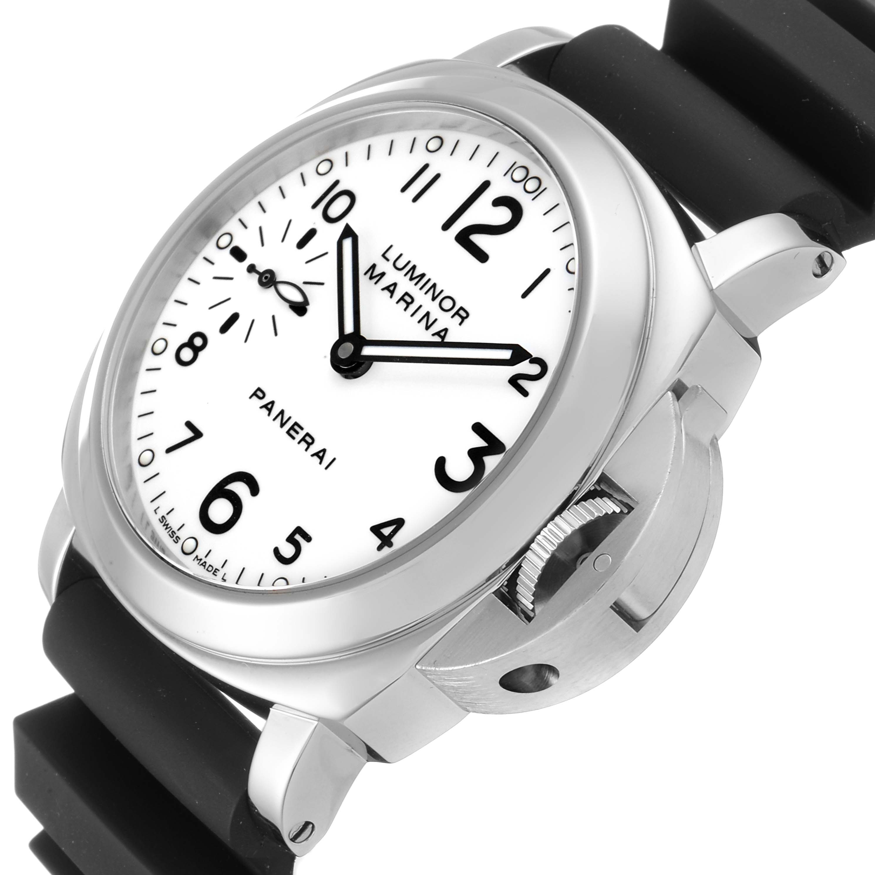 The image shows a Panerai Luminor PAM00113 Men's Stainless Steel White Dial PAM00113 Men's Stainless Steel White Dial watch at a slight side angle, featuring the face, bezel, crown protector, and strap.