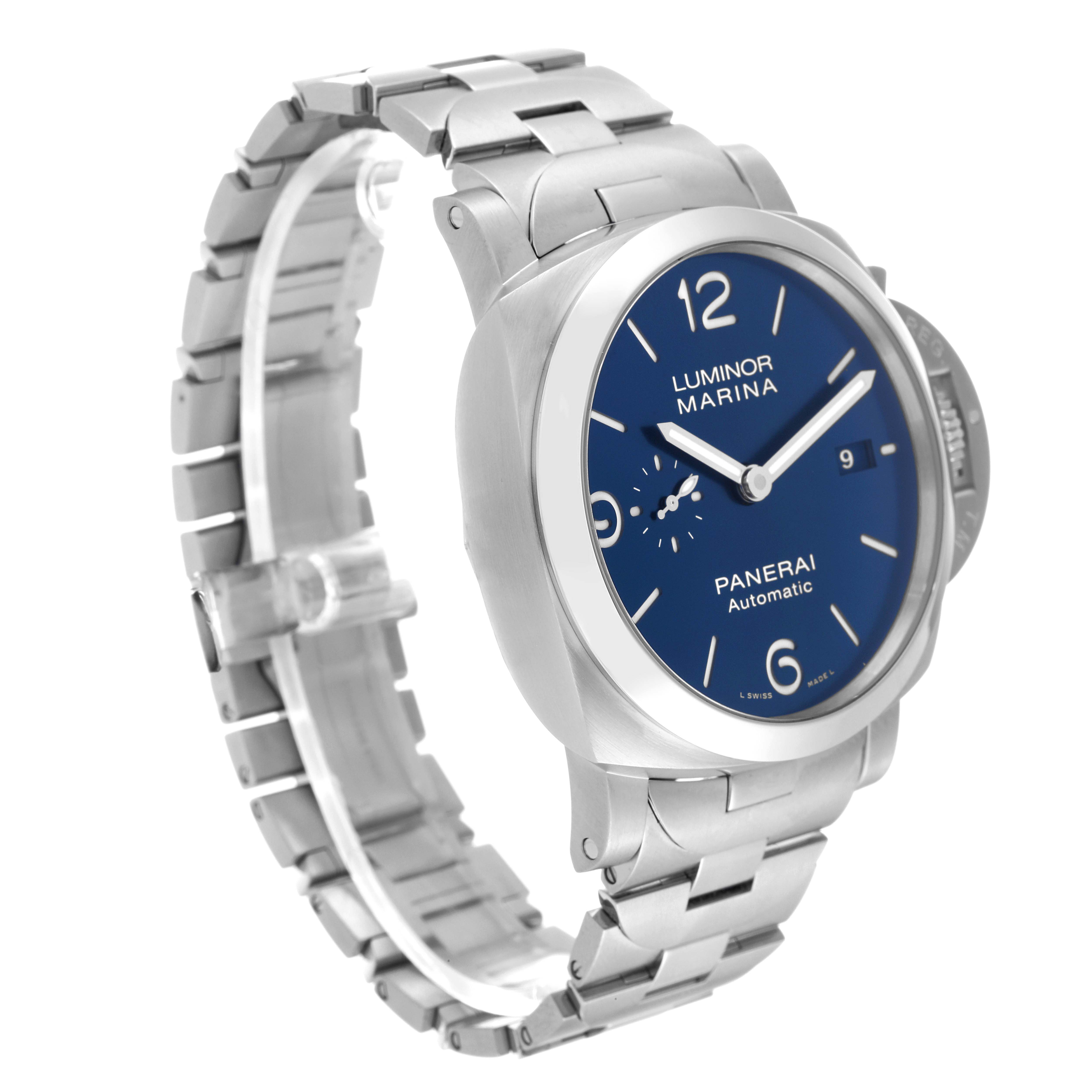 The image shows a Panerai Luminor PAM01316 Men's Stainless Steel Blue Dial PAM01316 Men's Stainless Steel Blue Dial Marina watch from an angled side view, highlighting its blue dial, metal bracelet, and case.