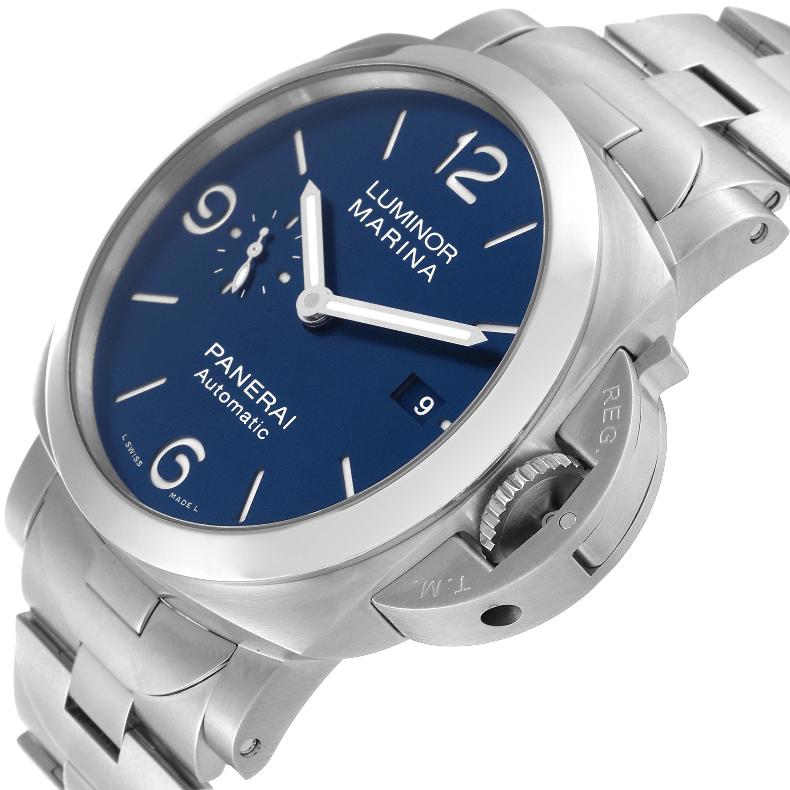 This image shows a close-up angle of the Panerai Luminor PAM01316 Men's Stainless Steel Blue Dial PAM01316 Men's Stainless Steel Blue Dial Marina watch, highlighting the dial, crown guard, and bracelet.