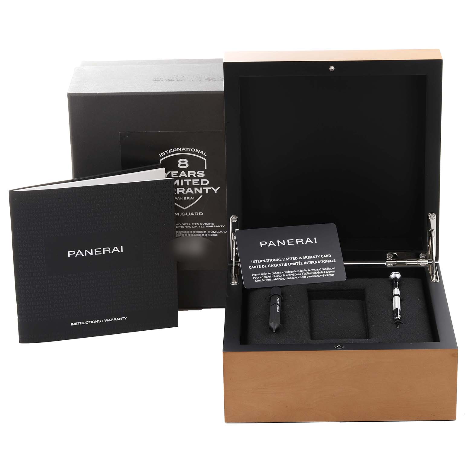The image shows the packaging and accessories for the Panerai Luminor PAM01316 Men's Stainless Steel Blue Dial PAM01316 Men's Stainless Steel Blue Dial model, including a warranty card, instruction manual, and tools within a wooden box.