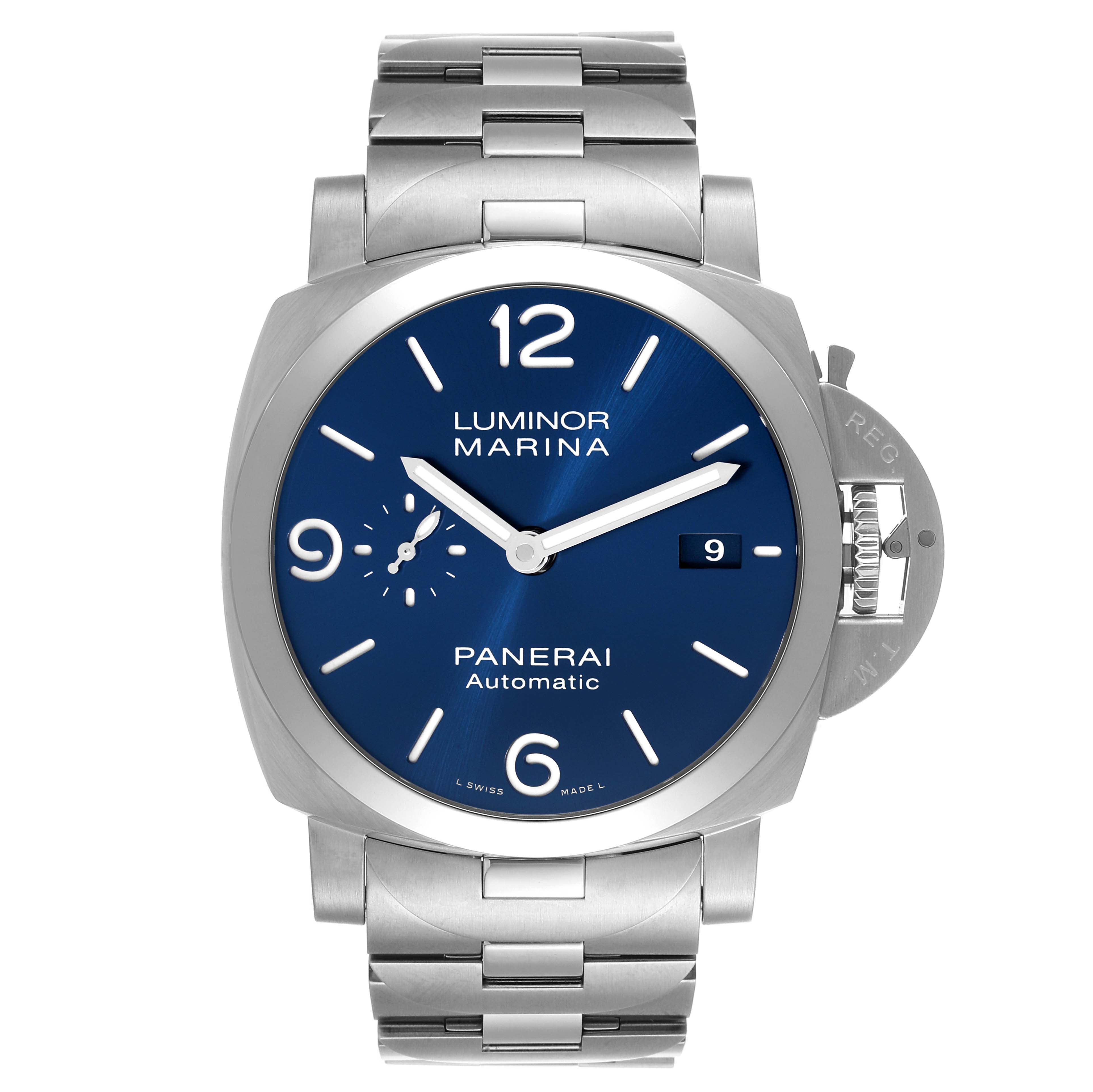 The image shows a front view of a Panerai Luminor PAM01316 Men's Stainless Steel Blue Dial PAM01316 Men's Stainless Steel Blue Dial Marina watch with a blue dial and a metal bracelet.
