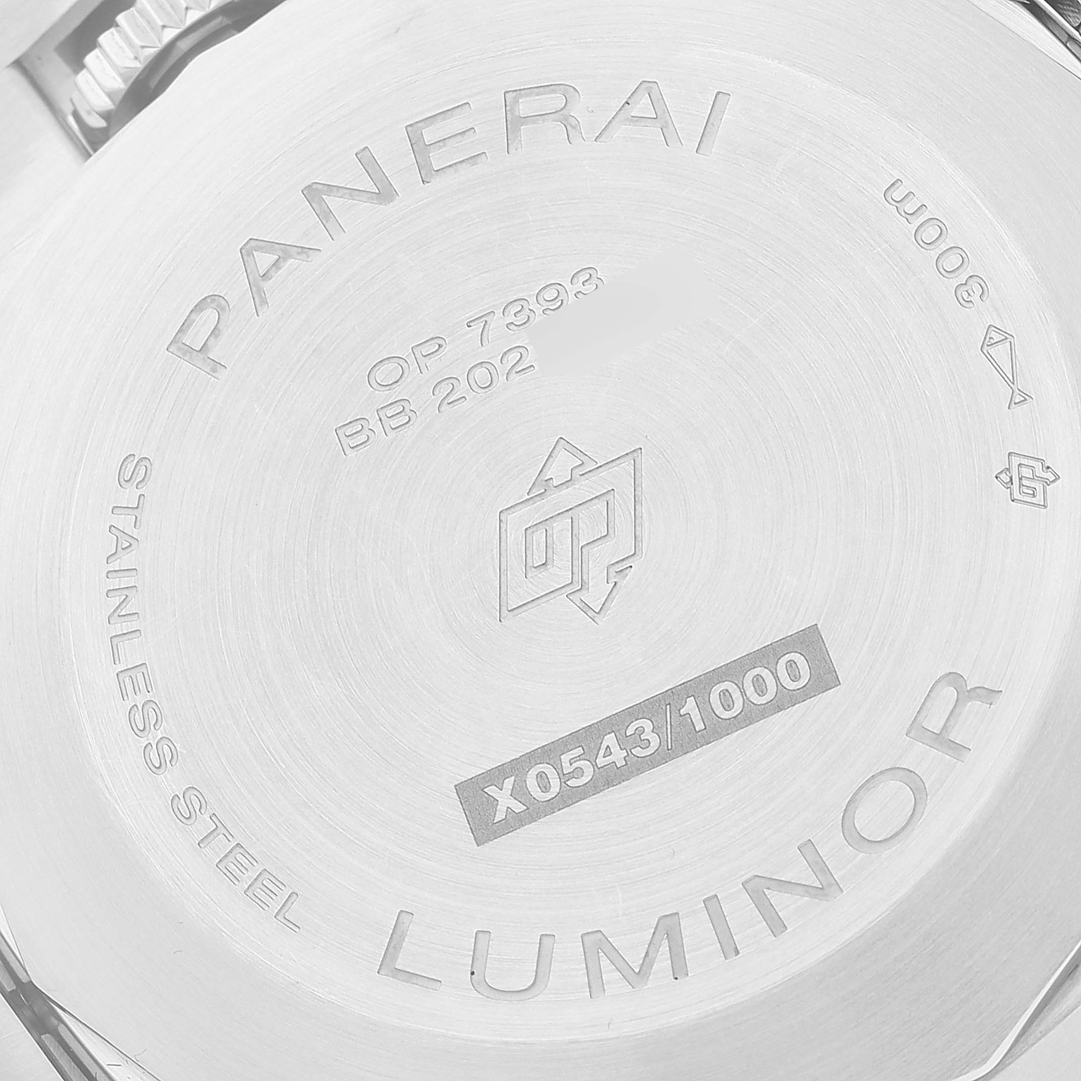 This image shows the back case of a Panerai Luminor PAM01316 Men's Stainless Steel Blue Dial PAM01316 Men's Stainless Steel Blue Dial watch, highlighting engraved model details.