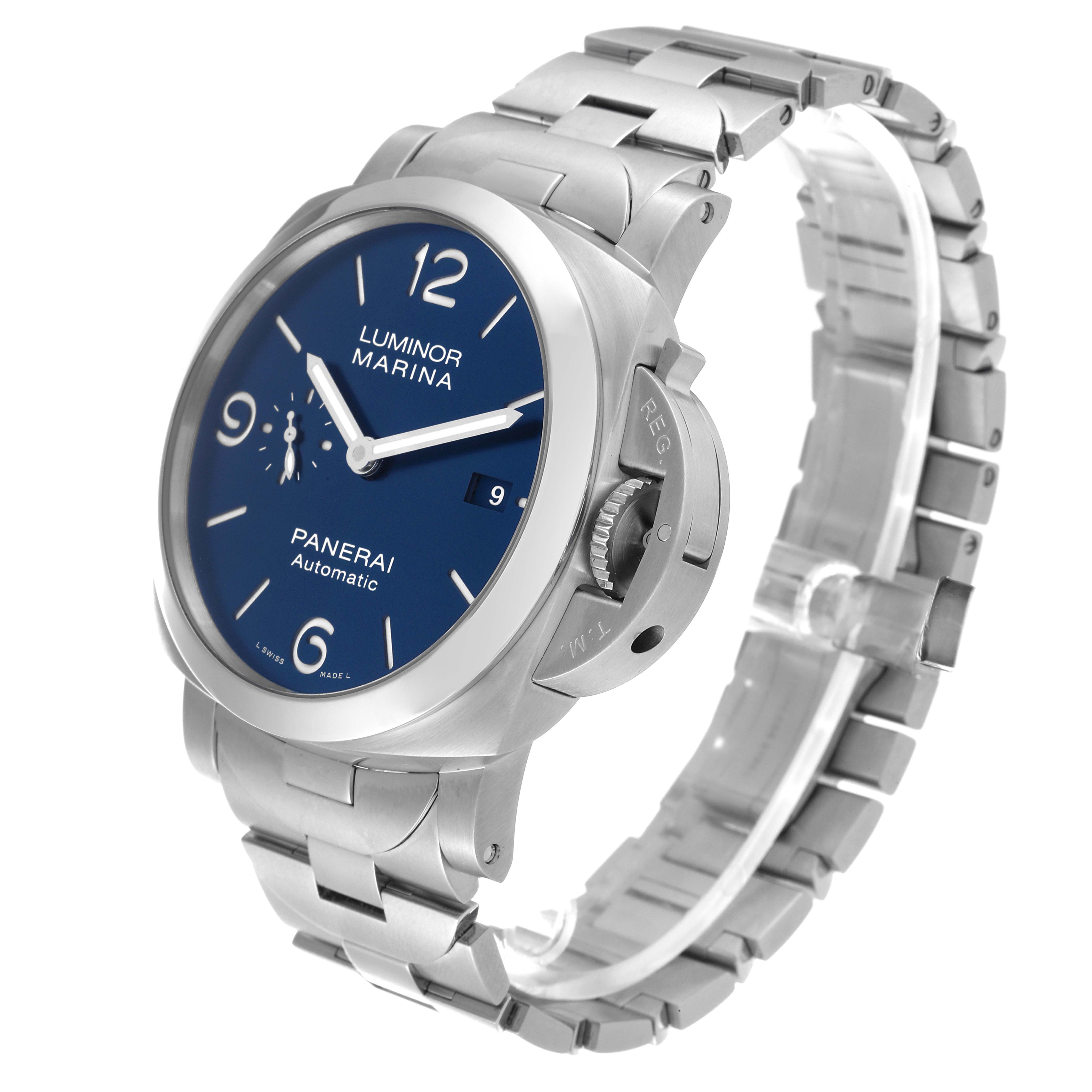 The image shows a Panerai Luminor PAM01316 Men's Stainless Steel Blue Dial PAM01316 Men's Stainless Steel Blue Dial model watch from a front-right angle, showcasing its face, crown guard, and metal bracelet.