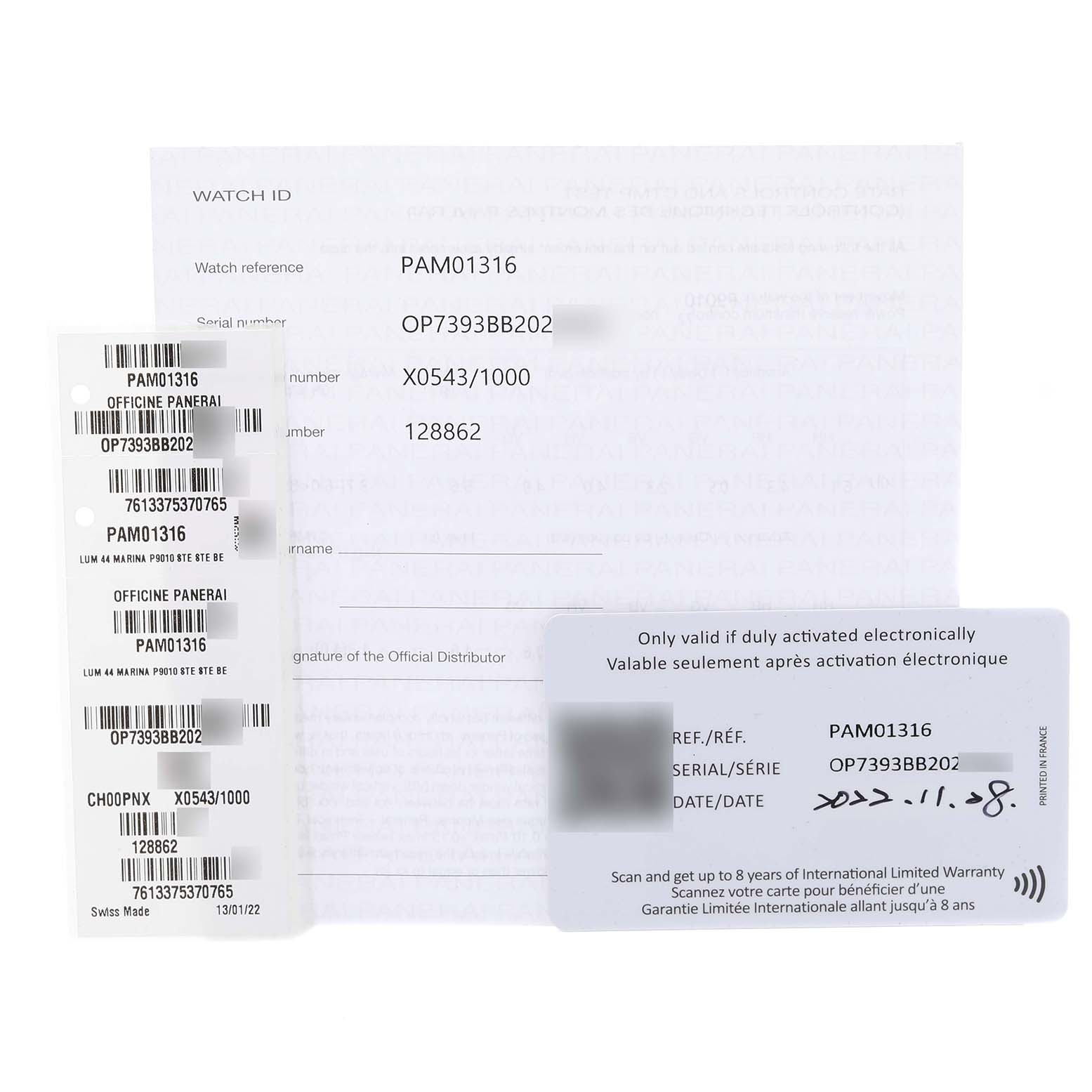 The image shows documentation and stickers for a Panerai Luminor PAM01316 Men's Stainless Steel Blue Dial PAM01316 Men's Stainless Steel Blue Dial model PAM01316.