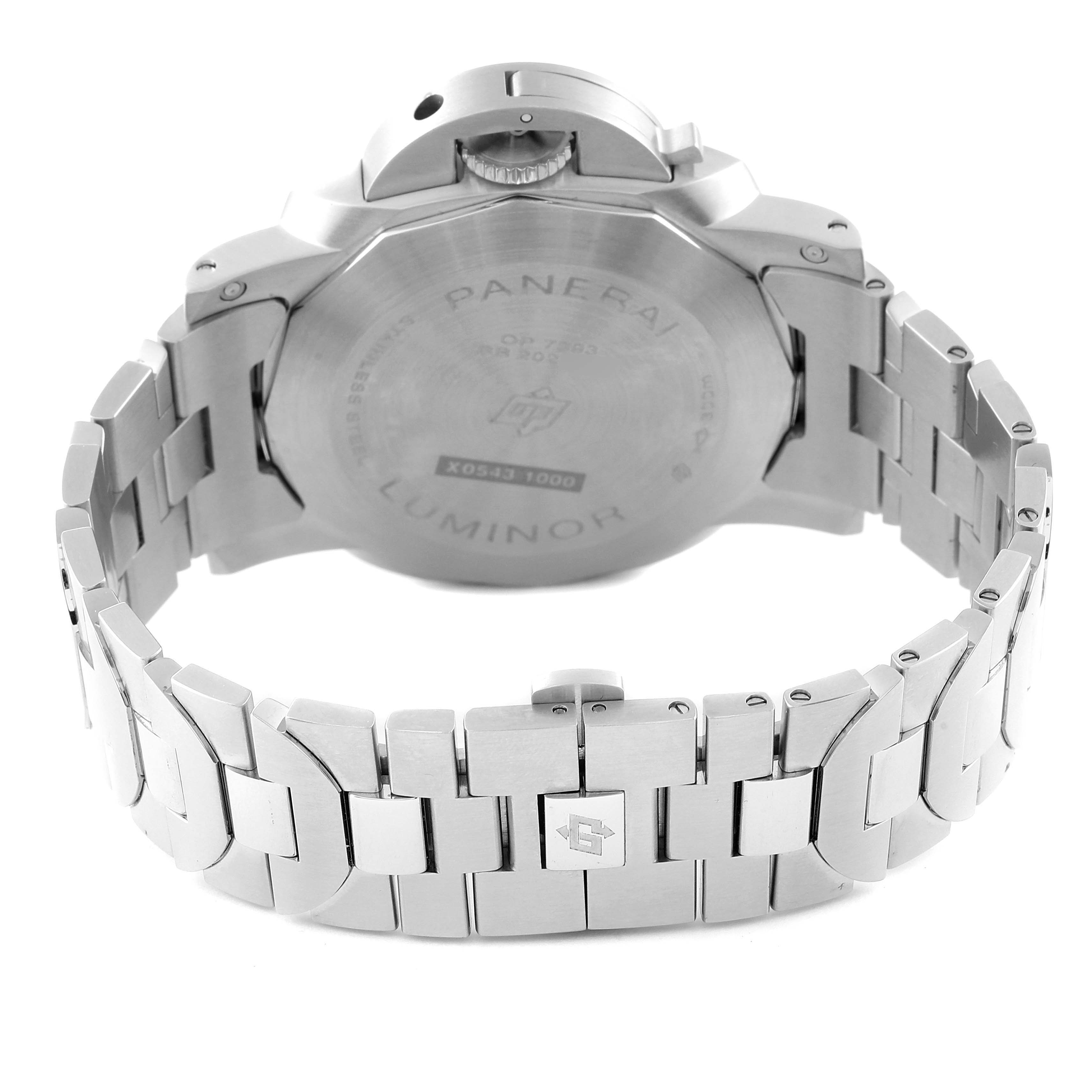 This image shows the back view of the Panerai Luminor PAM01316 Men's Stainless Steel Blue Dial PAM01316 Men's Stainless Steel Blue Dial watch, highlighting the stainless steel case and bracelet.