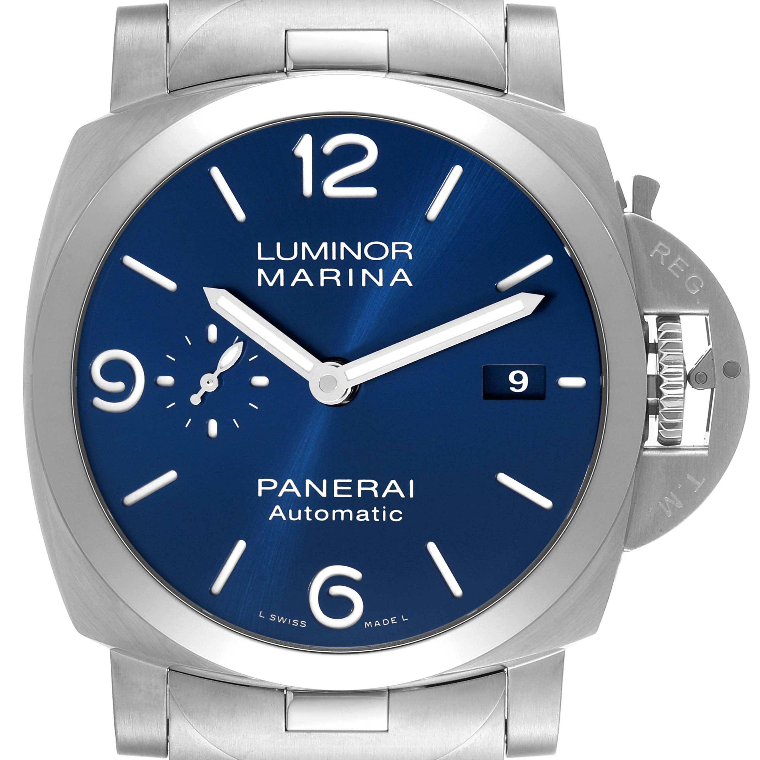 The image shows a front view of a Panerai Luminor PAM01316 Men's Stainless Steel Blue Dial PAM01316 Men's Stainless Steel Blue Dial Marina watch with a blue dial and date window at the 3 o'clock position.