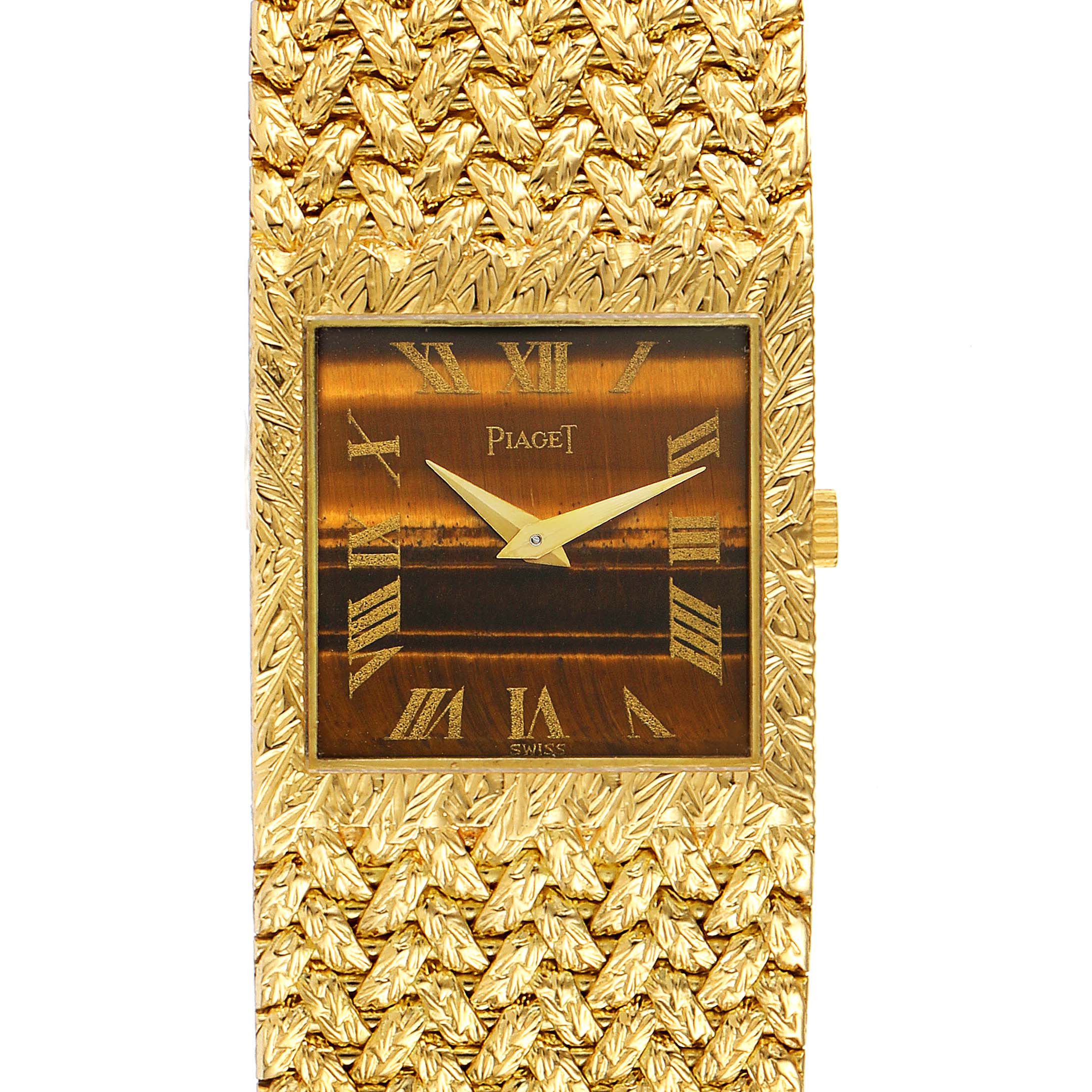 The image shows a frontal view of a Piaget 9352 D2 Men's Yellow Gold Brown Dial 9352 D2 Men's Yellow Gold Brown Dial model 9352 18k Yellow Gold Tiger Eye Stone Dial Vintage Men's Watch, highlighting its intricate gold strap and patterned dial.