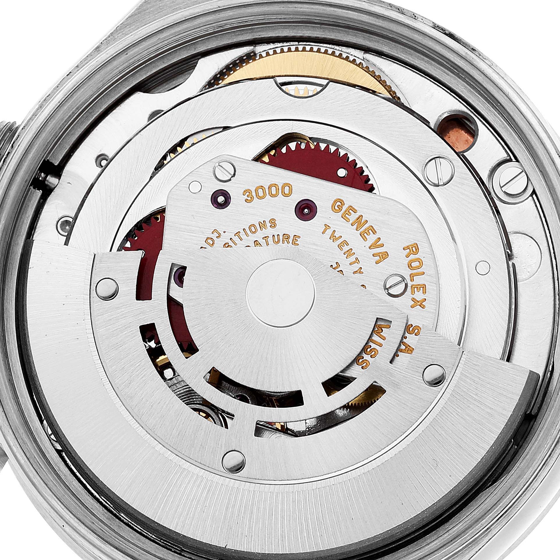 This image shows a close-up view of the internal mechanism of a Rolex Air-King 14010 Men's Stainless Steel Pink Dial 14010 Men's Stainless Steel Pink Dial watch, highlighting gears and the rotor.