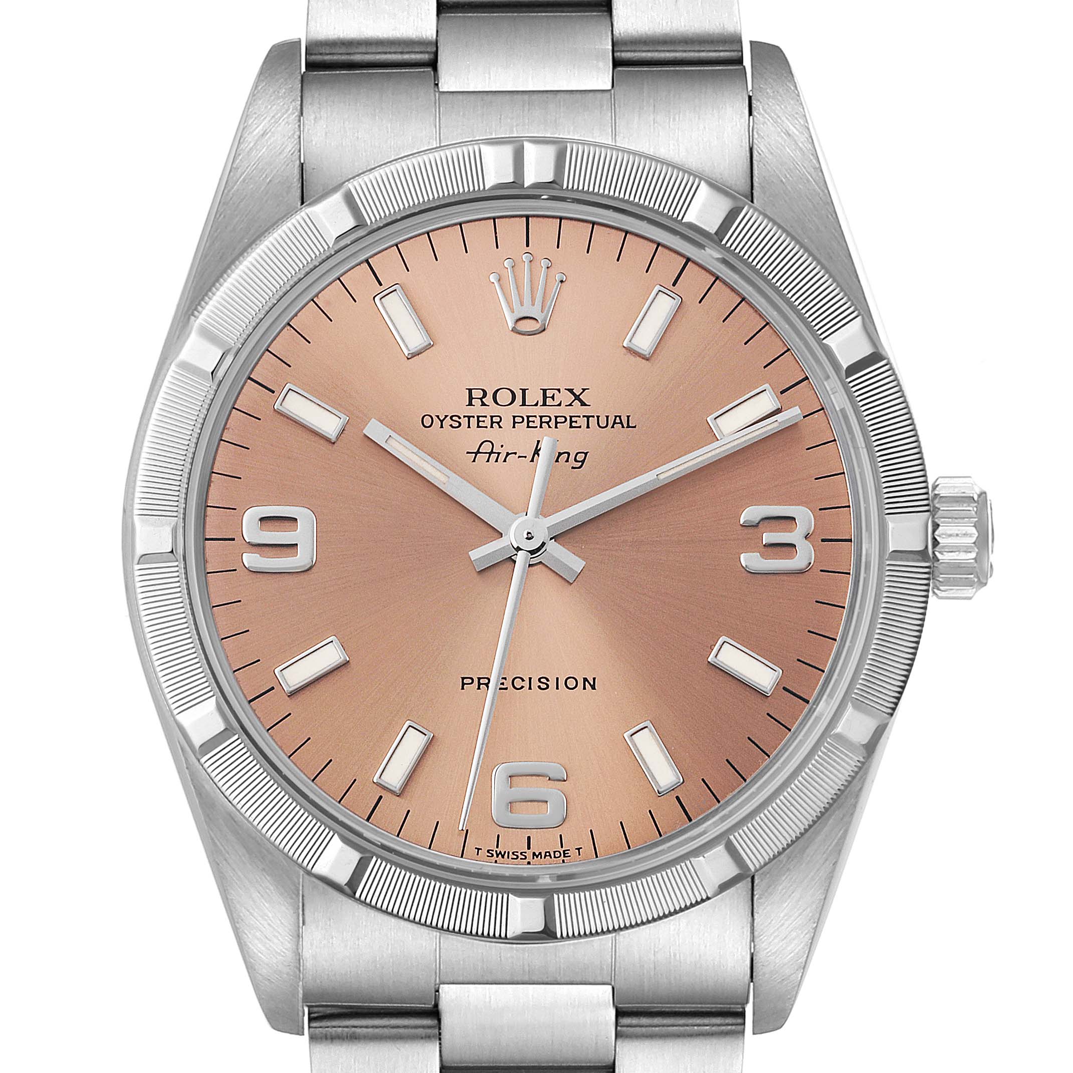 The image shows a frontal view of the Rolex Air-King 14010 Men's Stainless Steel Pink Dial 14010 Men's Stainless Steel Pink Dial watch, highlighting the dial, hands, markers, crown, and part of the bracelet.