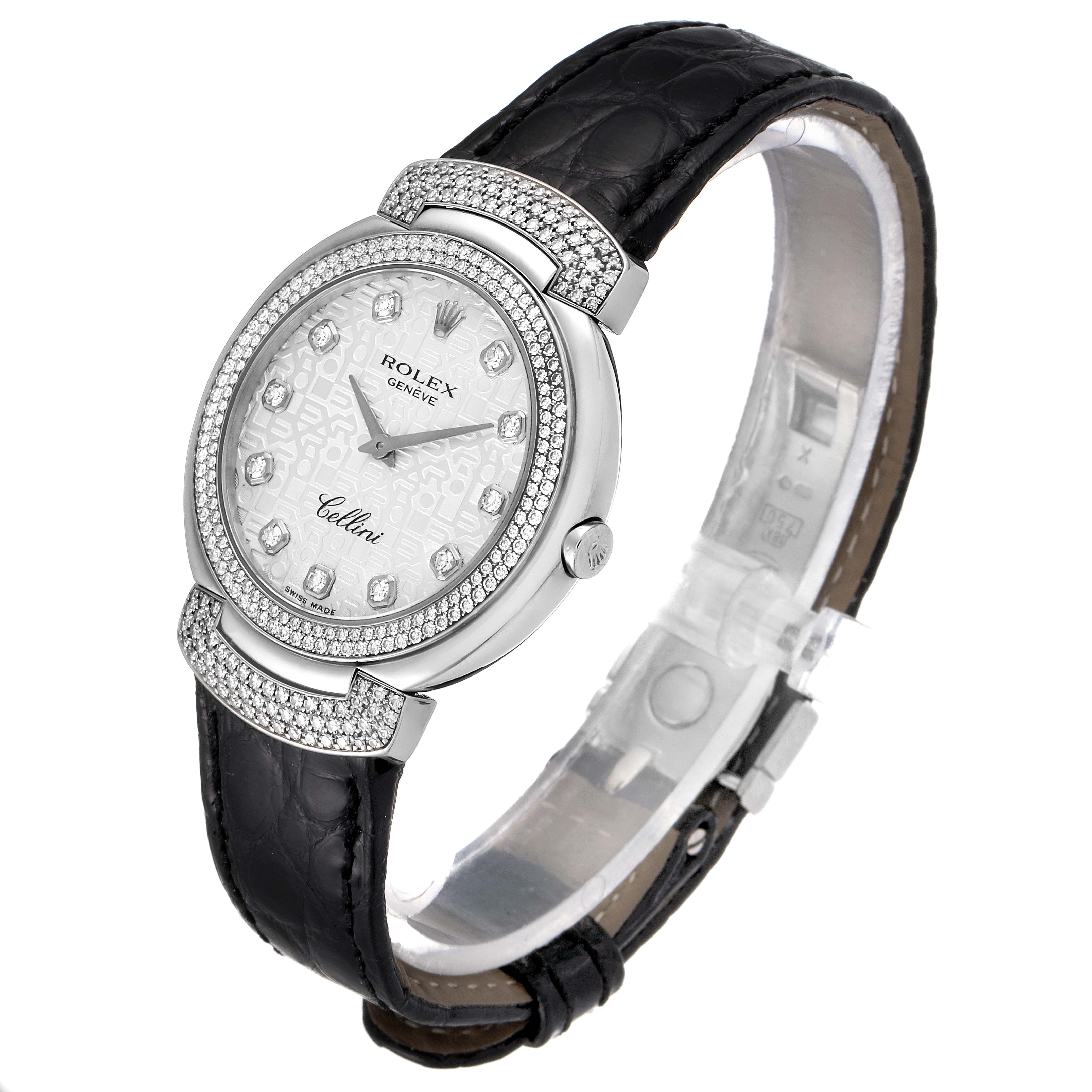 The Rolex Cellini 6683 Women's White Gold Silver Dial 6683 Women's White Gold Silver Dial model watch is shown at an angle displaying the face, bezel, crown, and black leather strap.