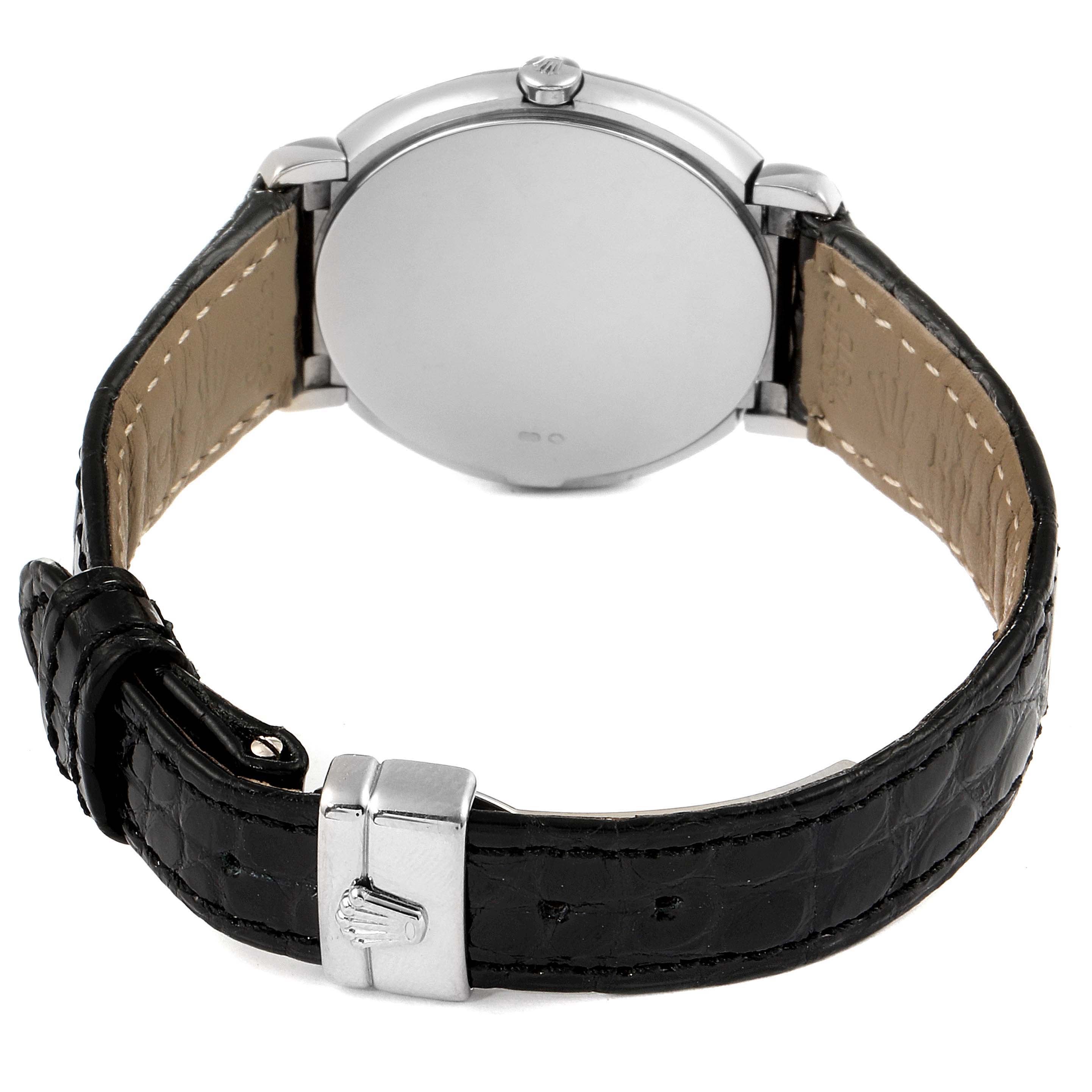 The image shows the back, clasp, and strap of a Rolex Cellini 6683 Women's White Gold Silver Dial 6683 Women's White Gold Silver Dial watch, highlighting the leather band and the case back.