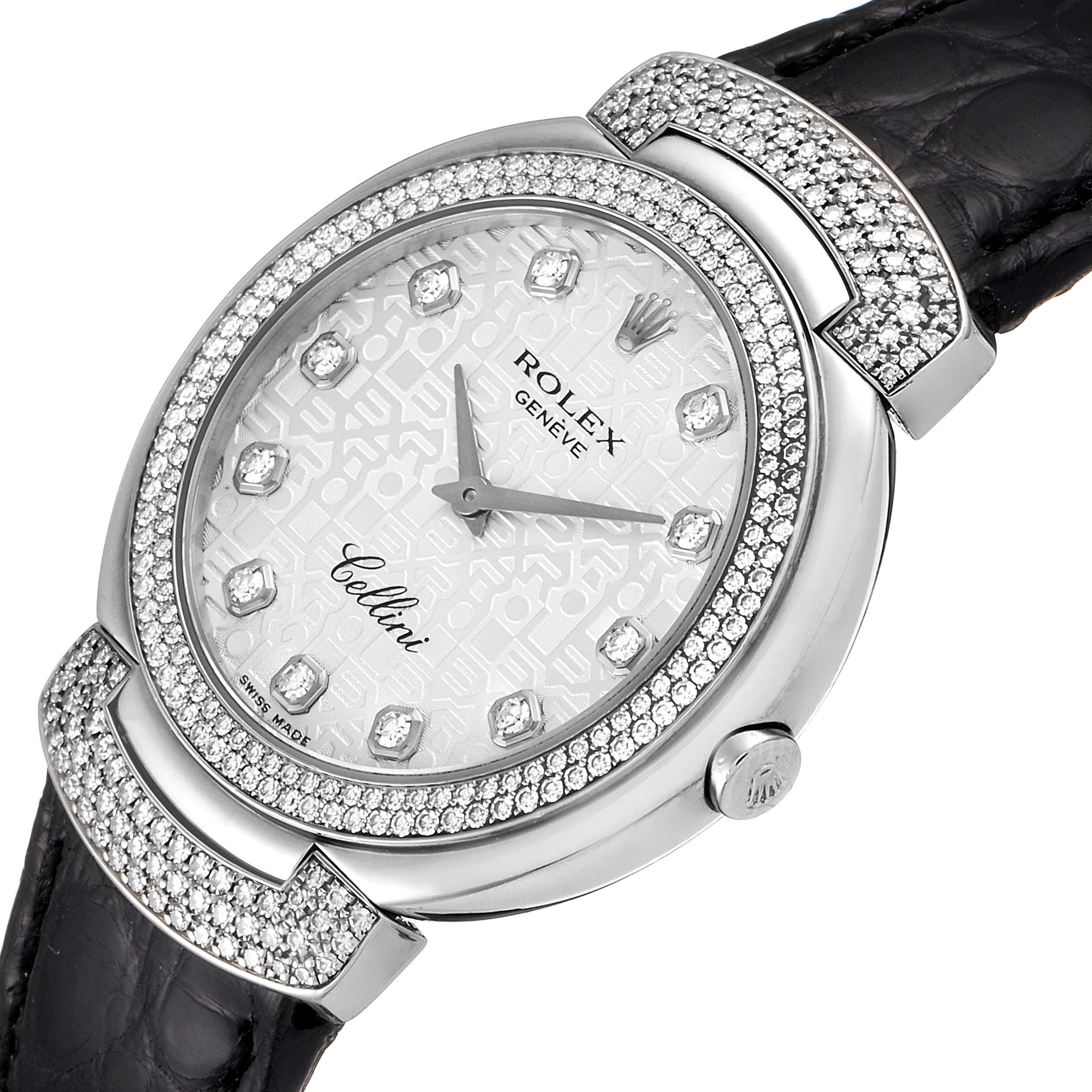 The Rolex Cellini 6683 Women's White Gold Silver Dial 6683 Women's White Gold Silver Dial model watch is shown at a slightly angled view, highlighting its diamond-studded bezel, dial, and leather strap.