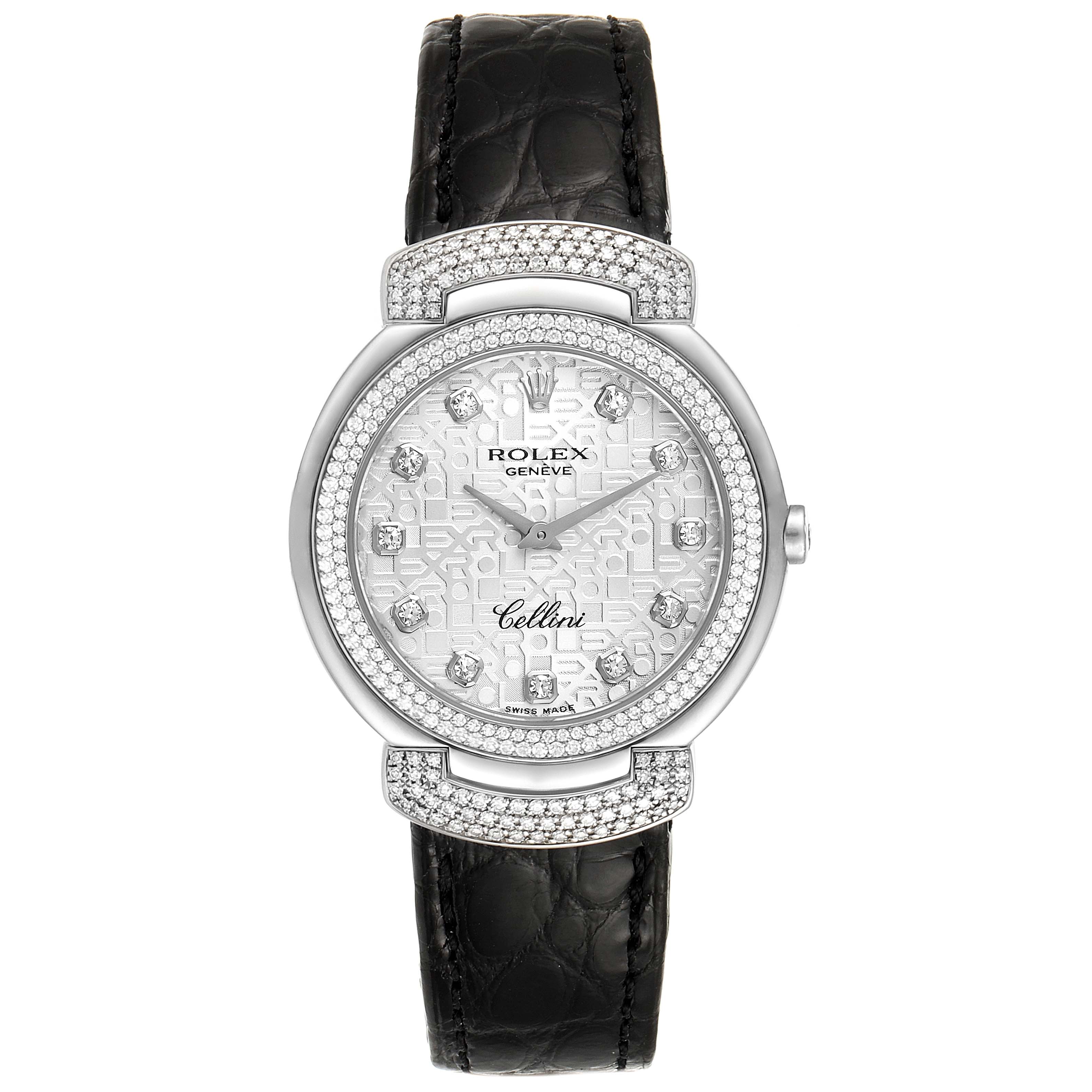The Rolex Cellini 6683 Women's White Gold Silver Dial 6683 Women's White Gold Silver Dial watch is shown from the front, featuring a detailed face, bezel, and black leather strap.