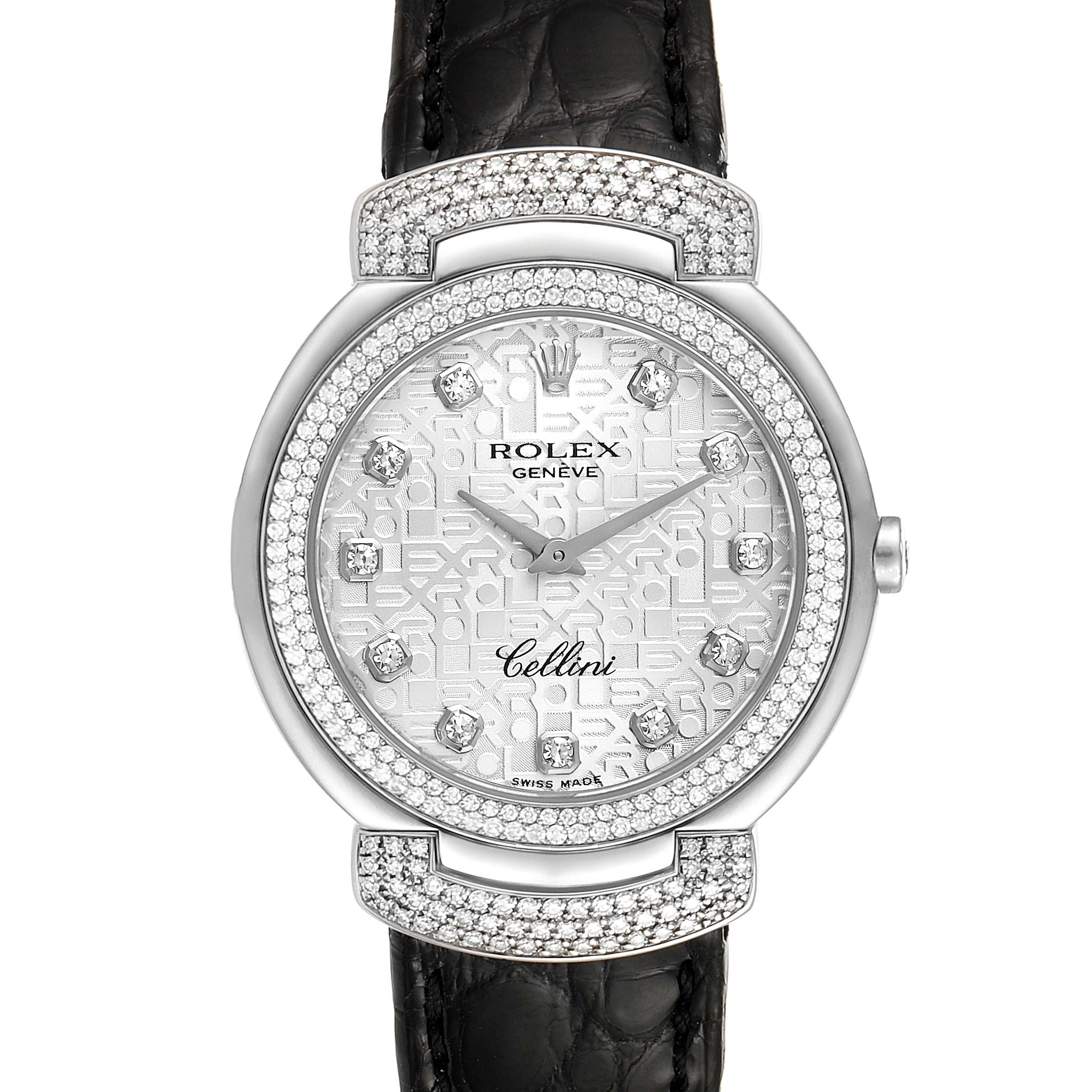 This image shows a front view of a Rolex Cellini 6683 Women's White Gold Silver Dial 6683 Women's White Gold Silver Dial watch, highlighting its face, bezel, and leather strap.