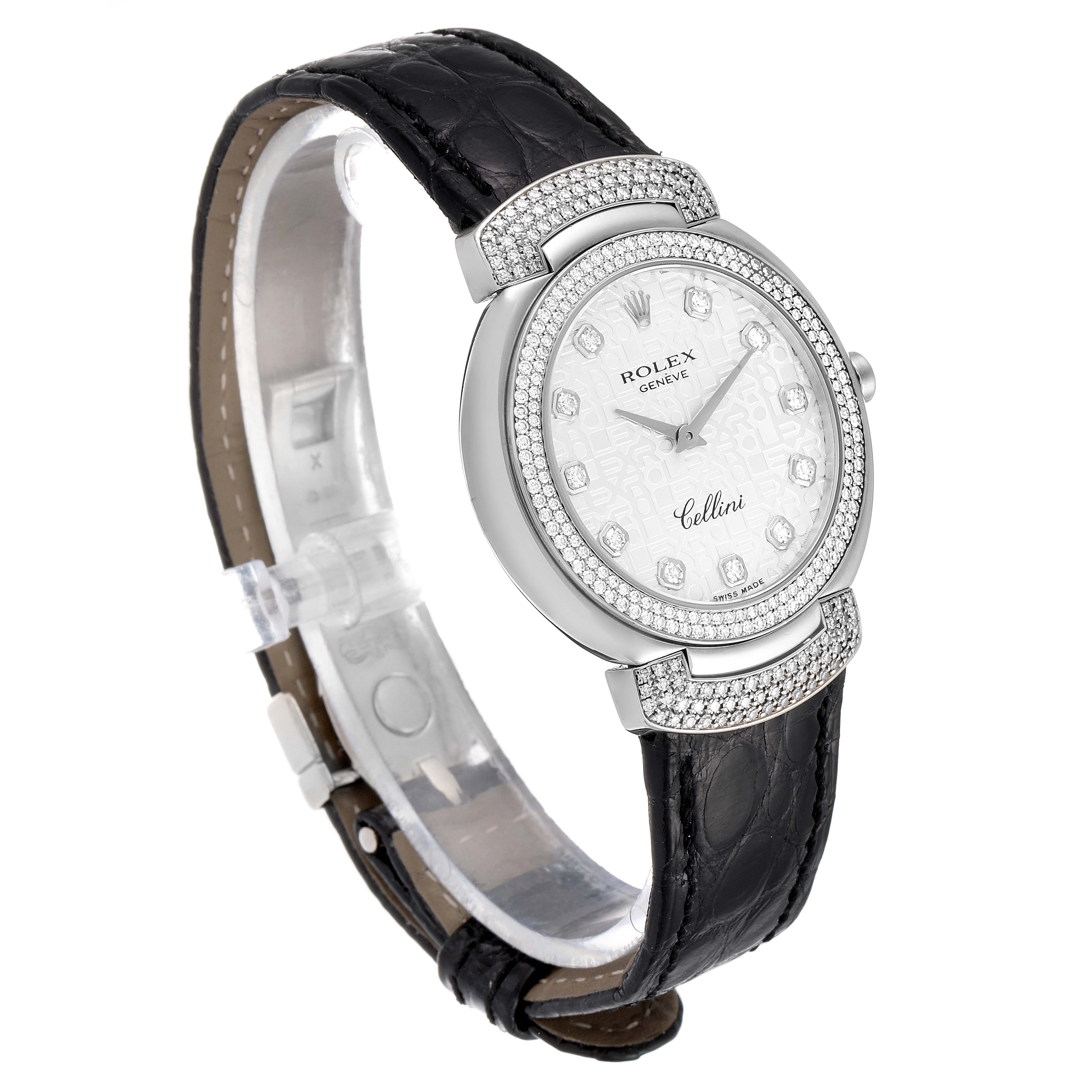 The Rolex Cellini 6683 Women's White Gold Silver Dial 6683 Women's White Gold Silver Dial watch is shown at an angle displaying its face, diamond bezel, and black leather strap.