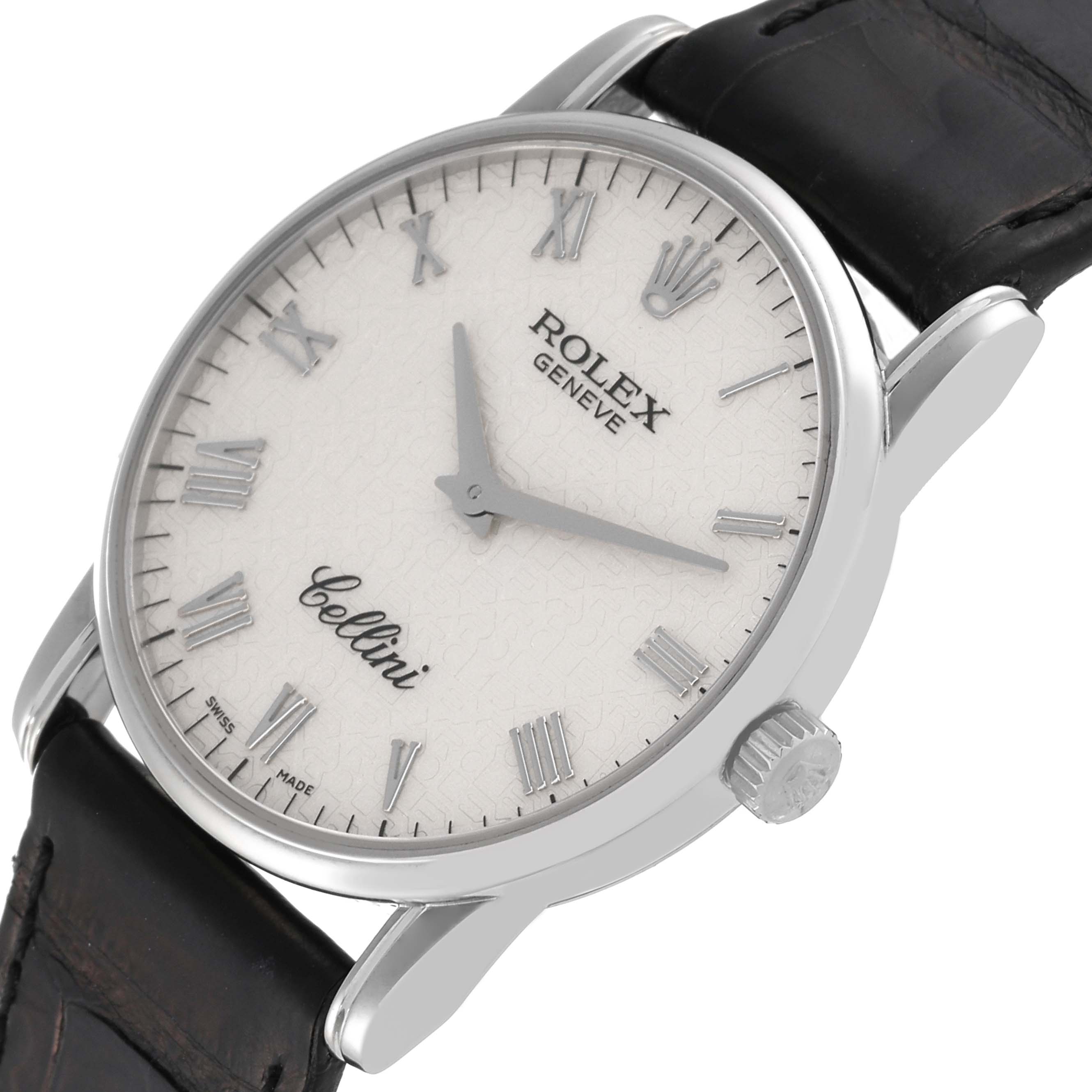 The Rolex Cellini 5116 Men's White Gold Beige Dial 5116 Men's White Gold Beige Dial watch is shown at an oblique angle, displaying its face, case, and leather strap.