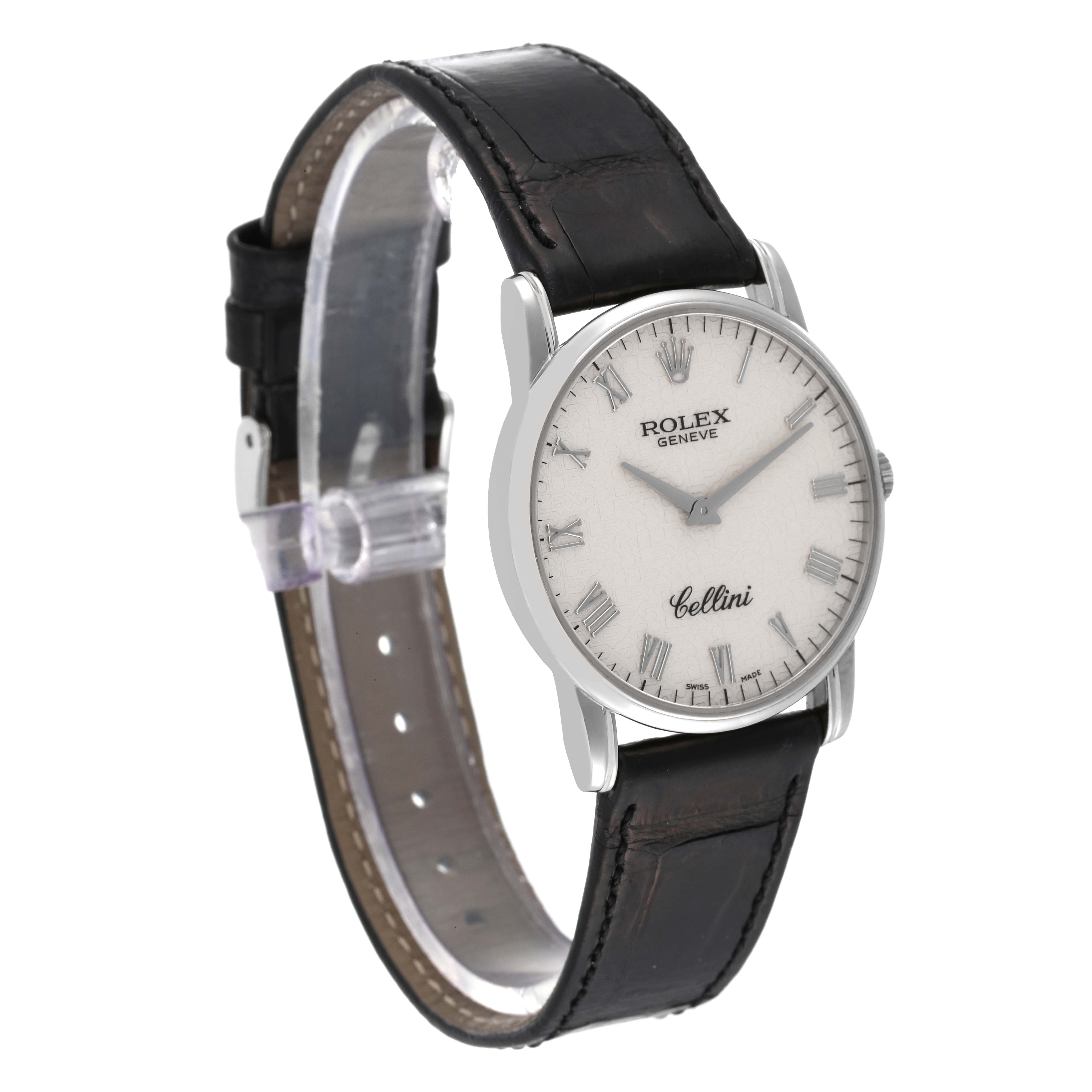 The image shows a side angle of a Rolex Cellini 5116 Men's White Gold Beige Dial 5116 Men's White Gold Beige Dial watch with its round face, Roman numerals, and black leather strap.