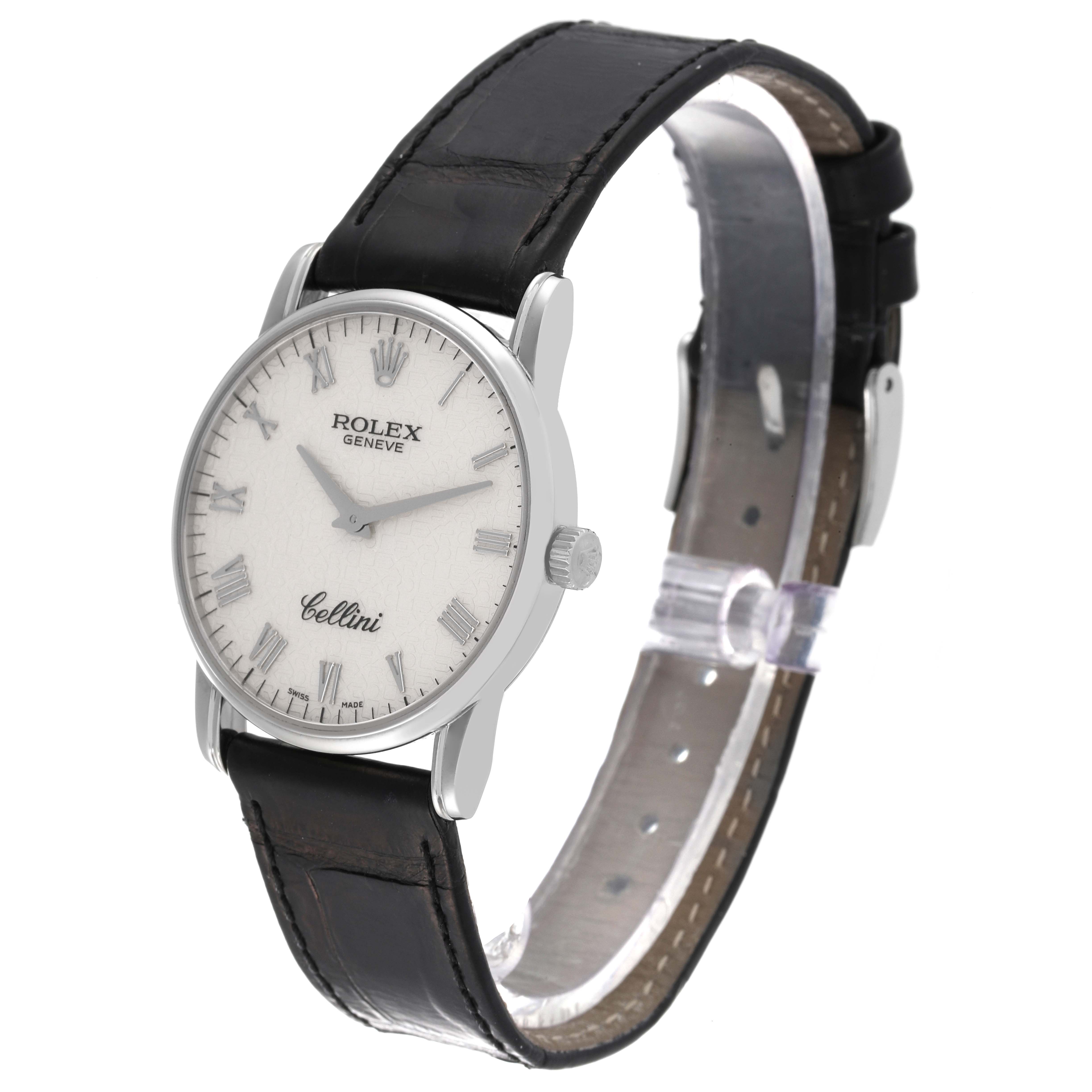 The image shows a Rolex Cellini 5116 Men's White Gold Beige Dial 5116 Men's White Gold Beige Dial watch at an angled view, highlighting the dial, case, and leather strap.