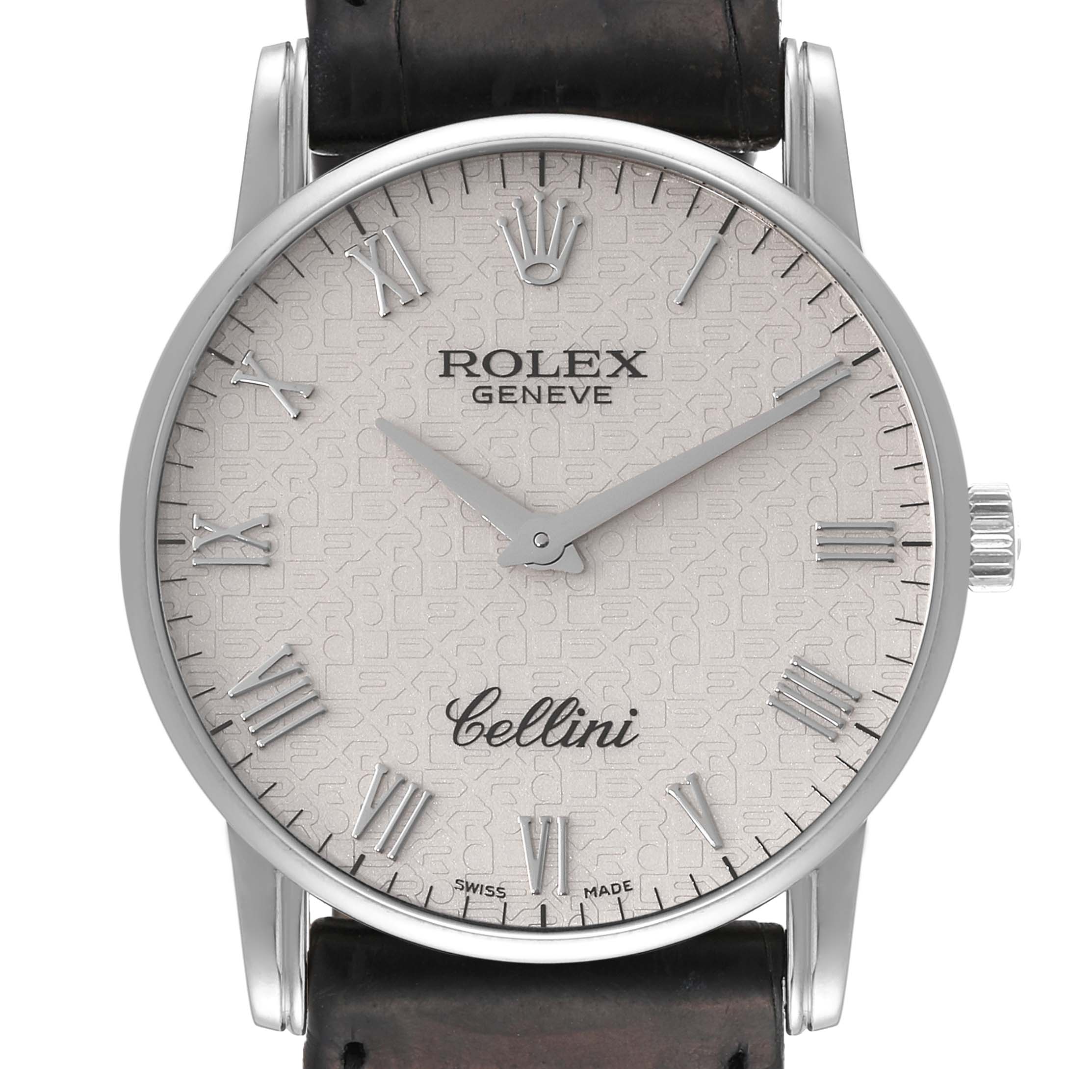 This image shows the face of the Rolex Cellini 5116 Men's White Gold Beige Dial 5116 Men's White Gold Beige Dial watch from a front view, highlighting the dial, Roman numerals, and hands.