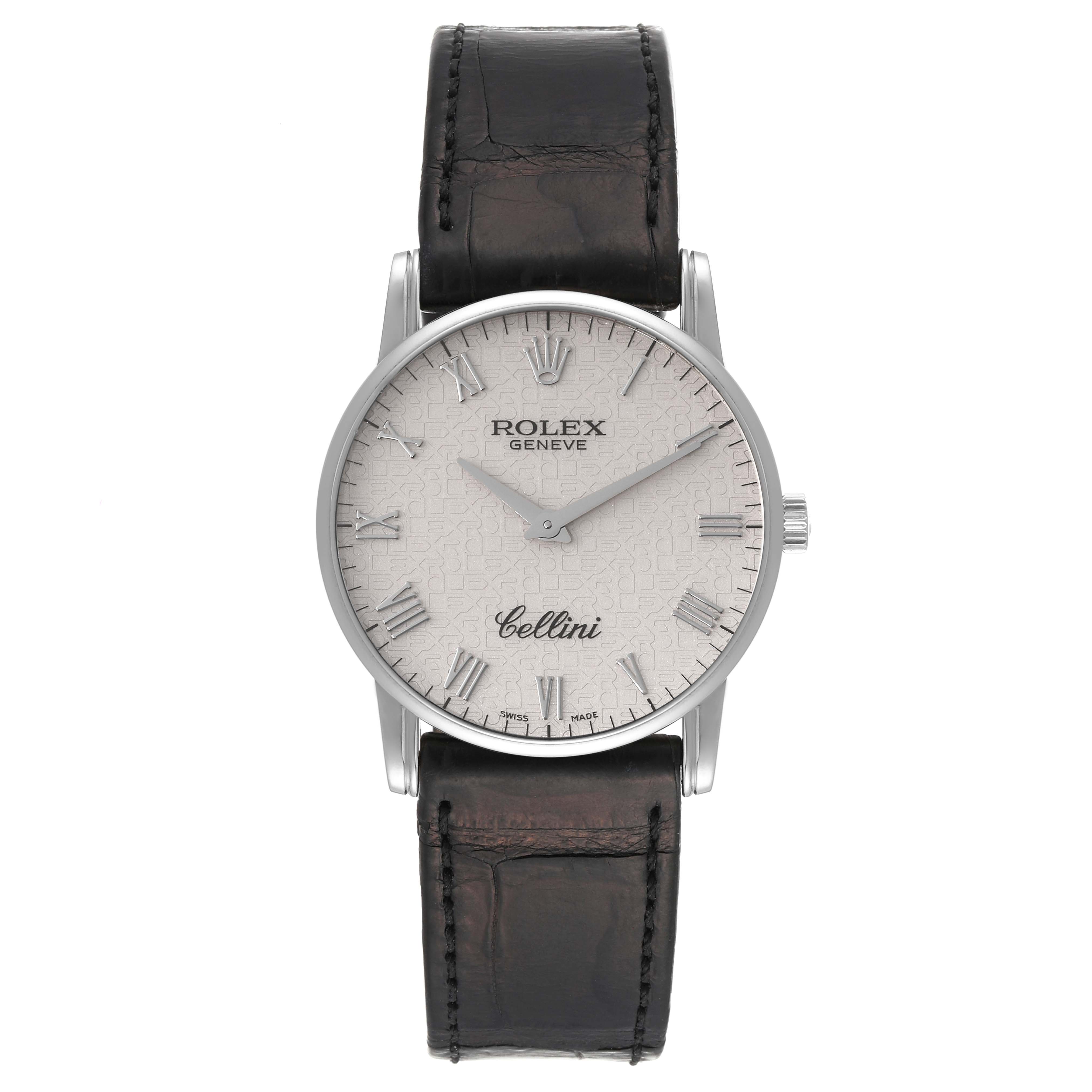 The image shows a frontal view of a Rolex Cellini 5116 Men's White Gold Beige Dial 5116 Men's White Gold Beige Dial watch, displaying its dial, case, and leather strap.