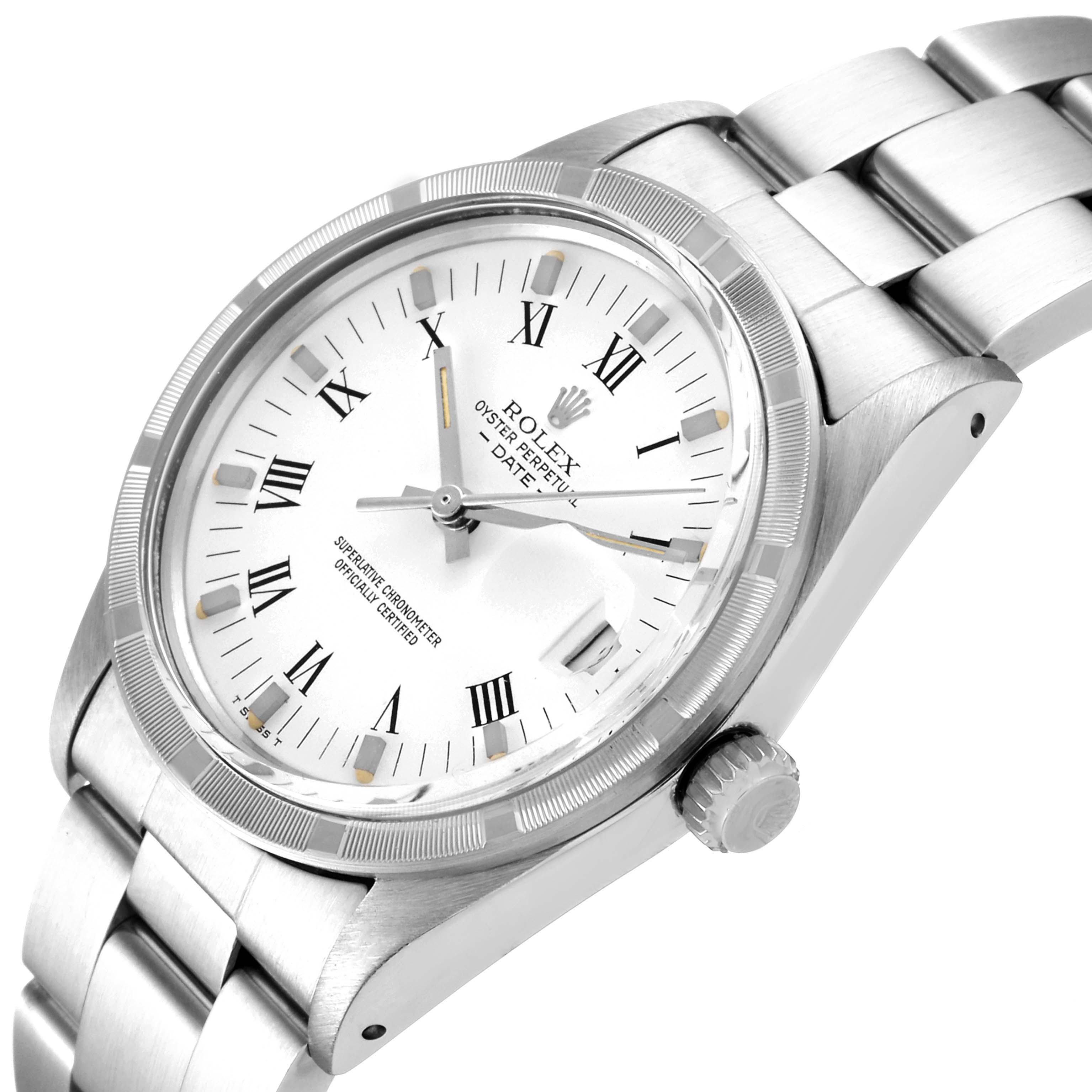 The image shows a close-up of the Rolex Vintage Collection 15010 Men's Stainless Steel White Dial 15010 Men's Stainless Steel White Dial model, highlighting the watch face, bezel, crown, and bracelet.