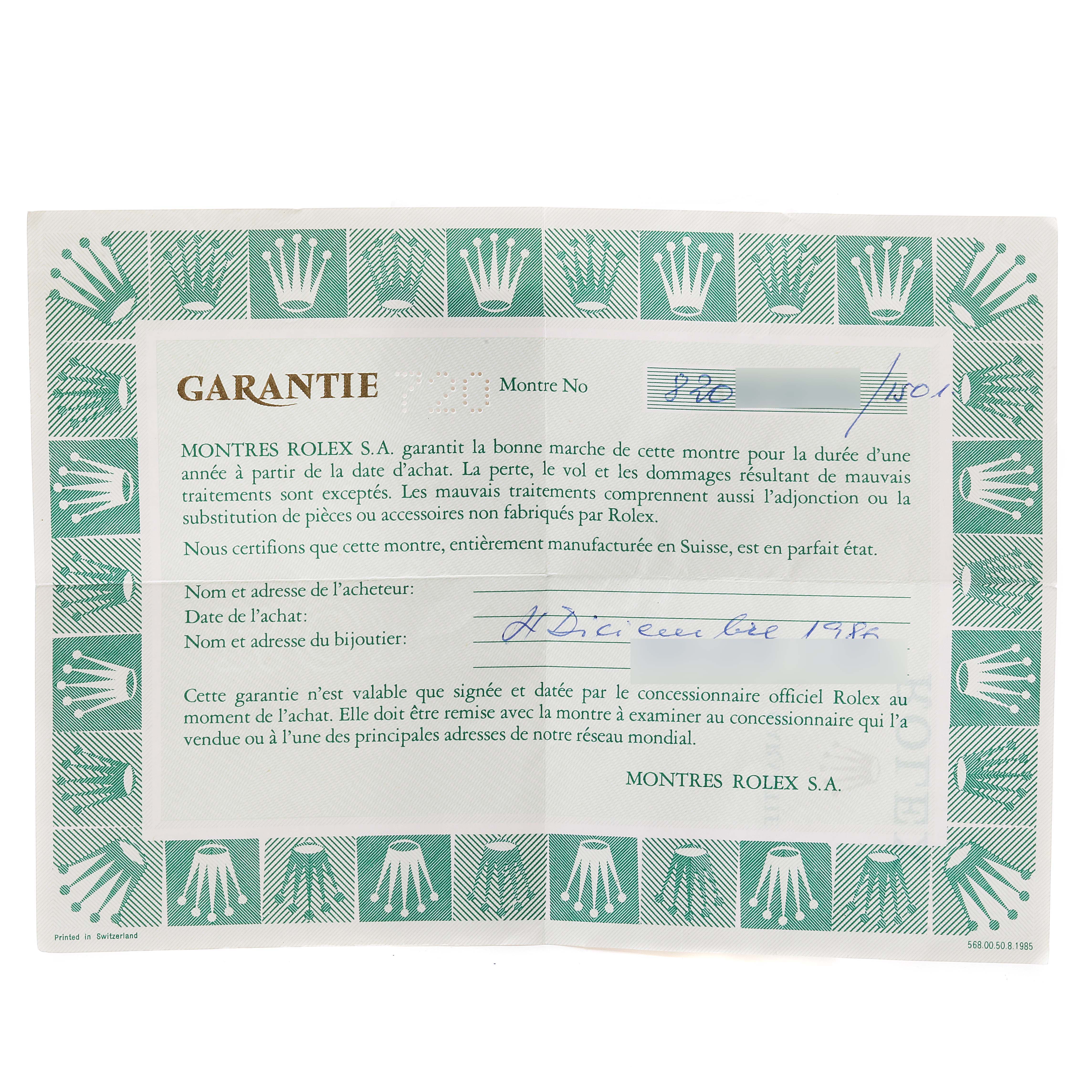 This image shows the warranty certificate for a Vintage Collection model by Rolex.