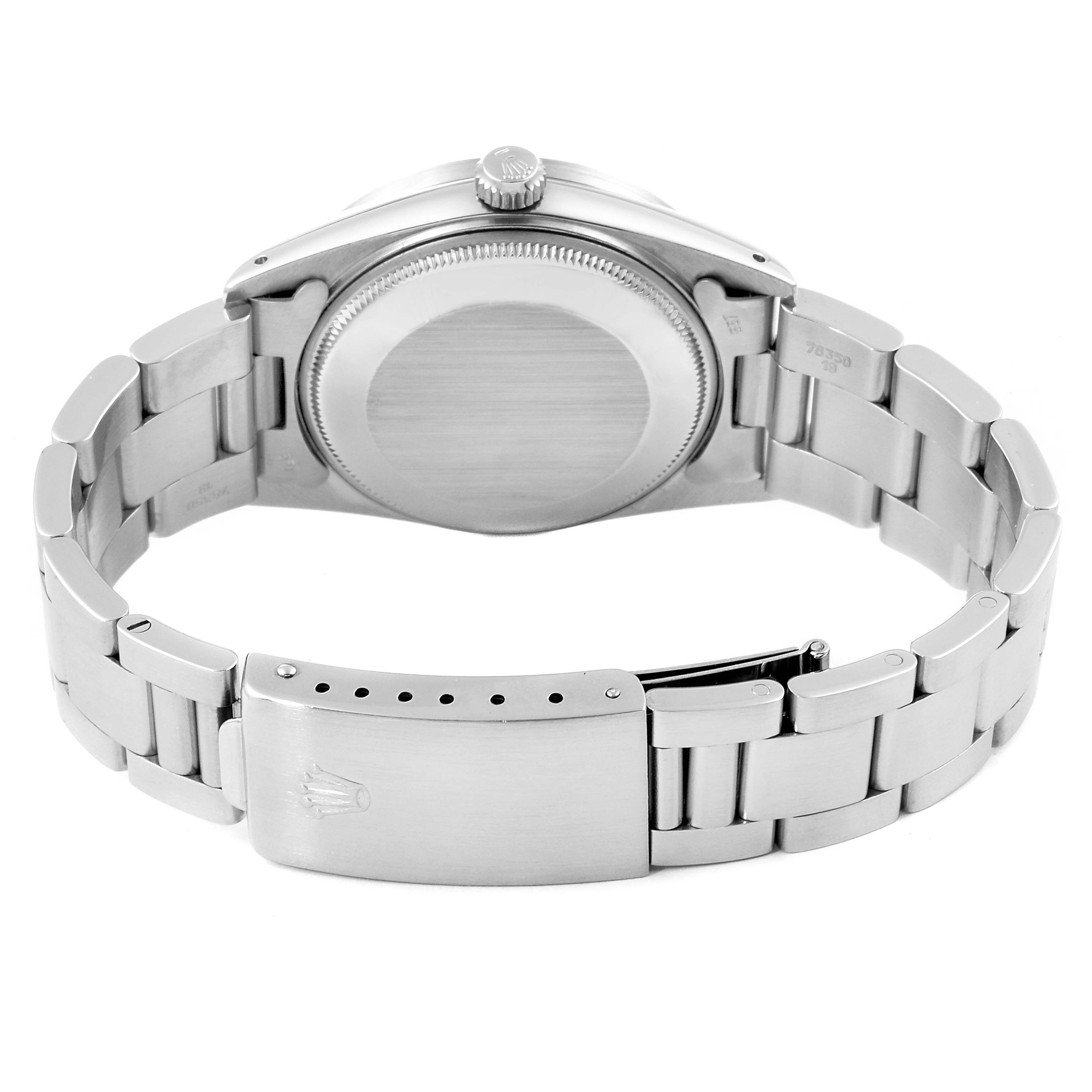 The image shows the back, clasp, and bracelet of a Rolex Vintage Collection 15010 Men's Stainless Steel White Dial 15010 Men's Stainless Steel White Dial model watch.