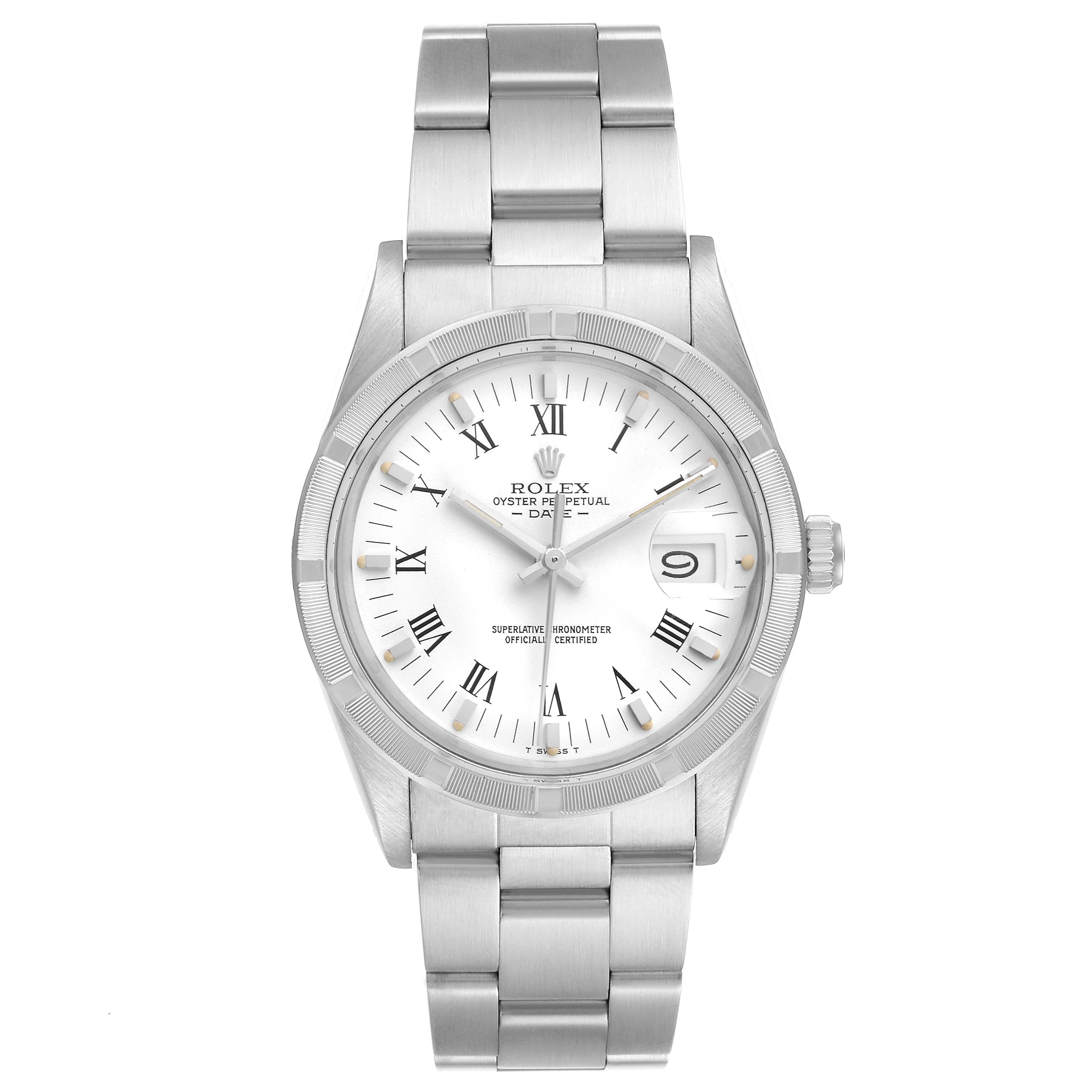 The image shows a front view of a Rolex Vintage Collection 15010 Men's Stainless Steel White Dial 15010 Men's Stainless Steel White Dial model with a stainless steel bracelet and a white dial featuring Roman numerals.