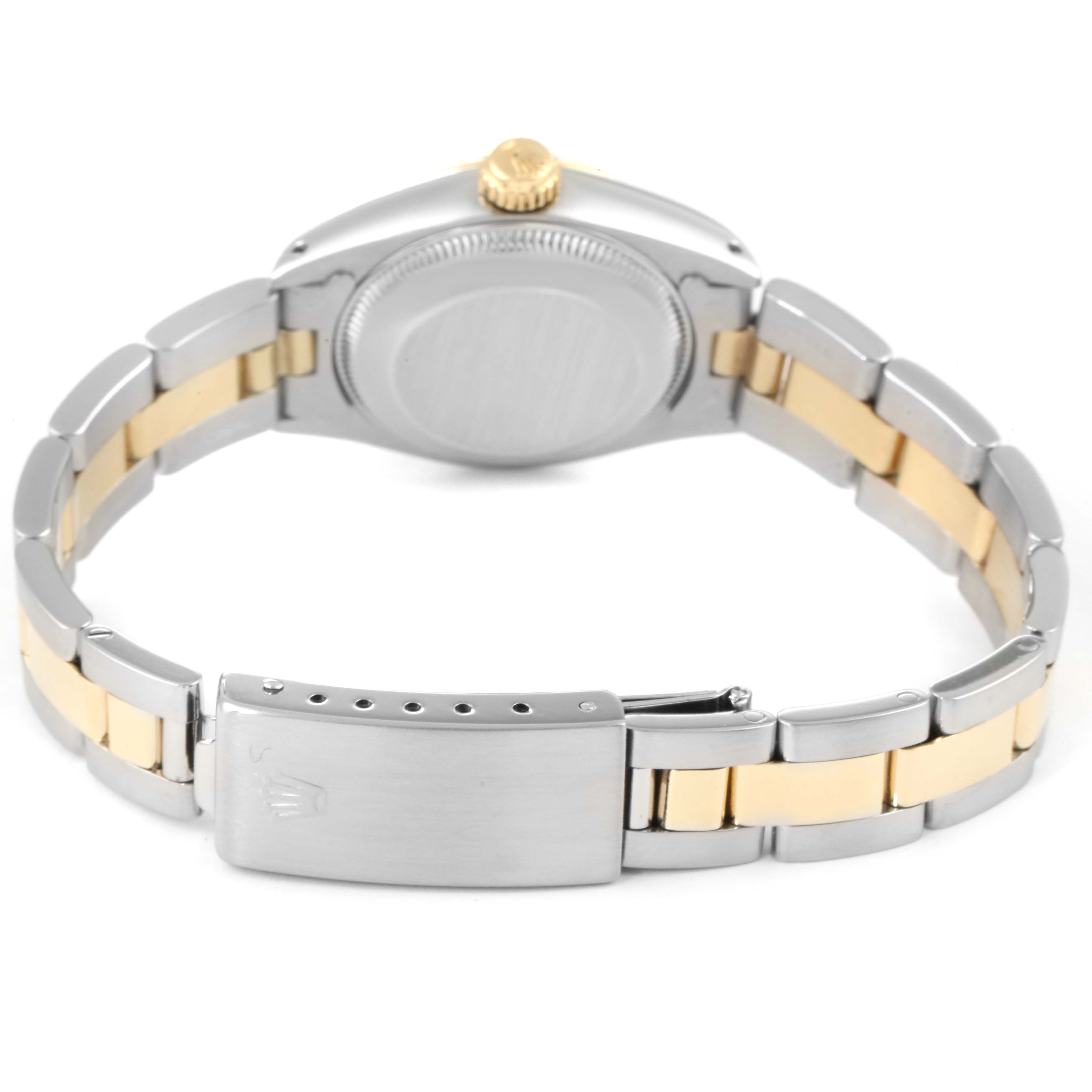 This image shows the back case and bracelet of a Rolex Date 6917 Women's Steel and Gold (two tone) Black Dial 6917 Women's Steel and Gold (two tone) Black Dial model, viewed from the rear angle.