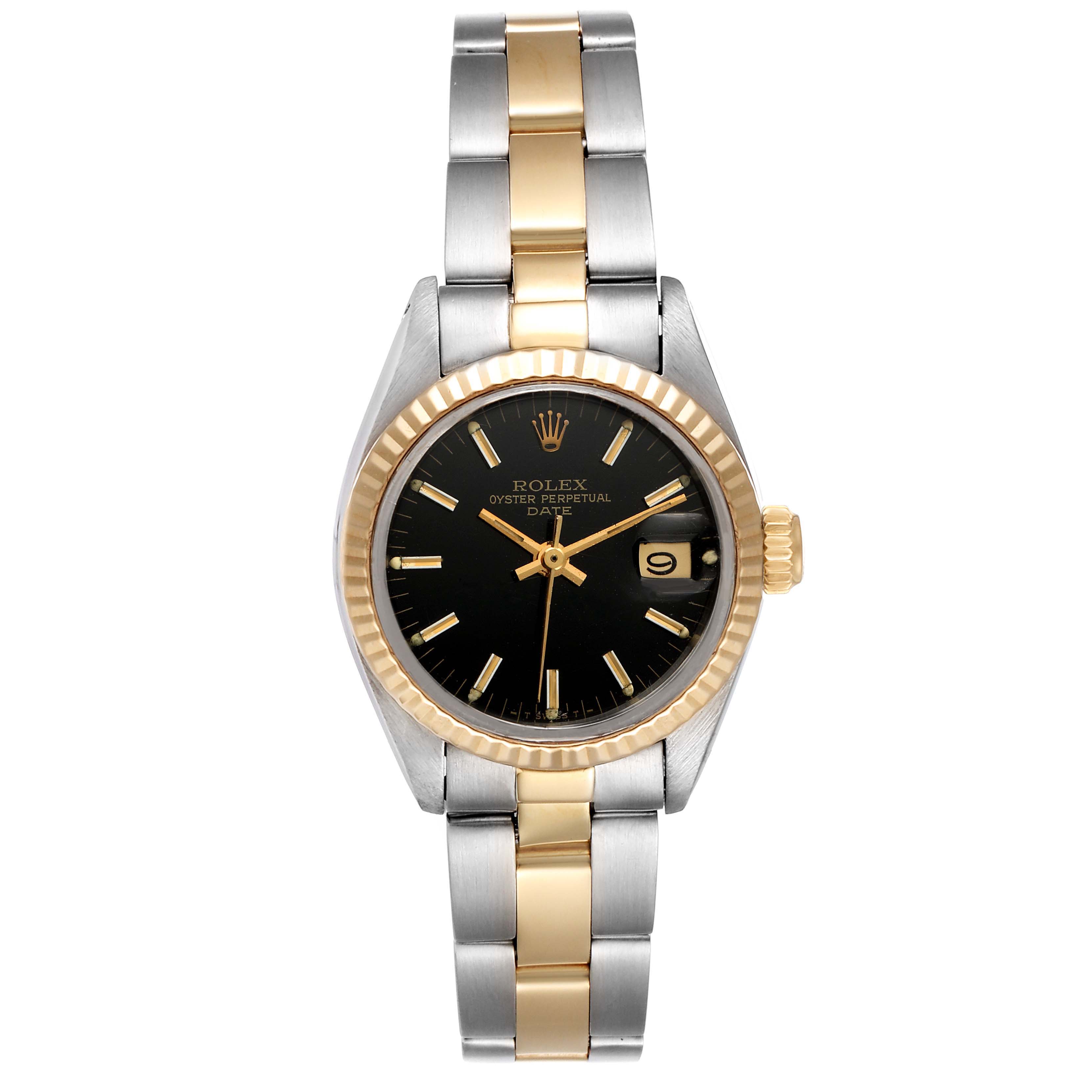 This is a front view of a Rolex Date 6917 Women's Steel and Gold (two tone) Black Dial 6917 Women's Steel and Gold (two tone) Black Dial model watch, showing the face, bezel, bracelet, and crown.