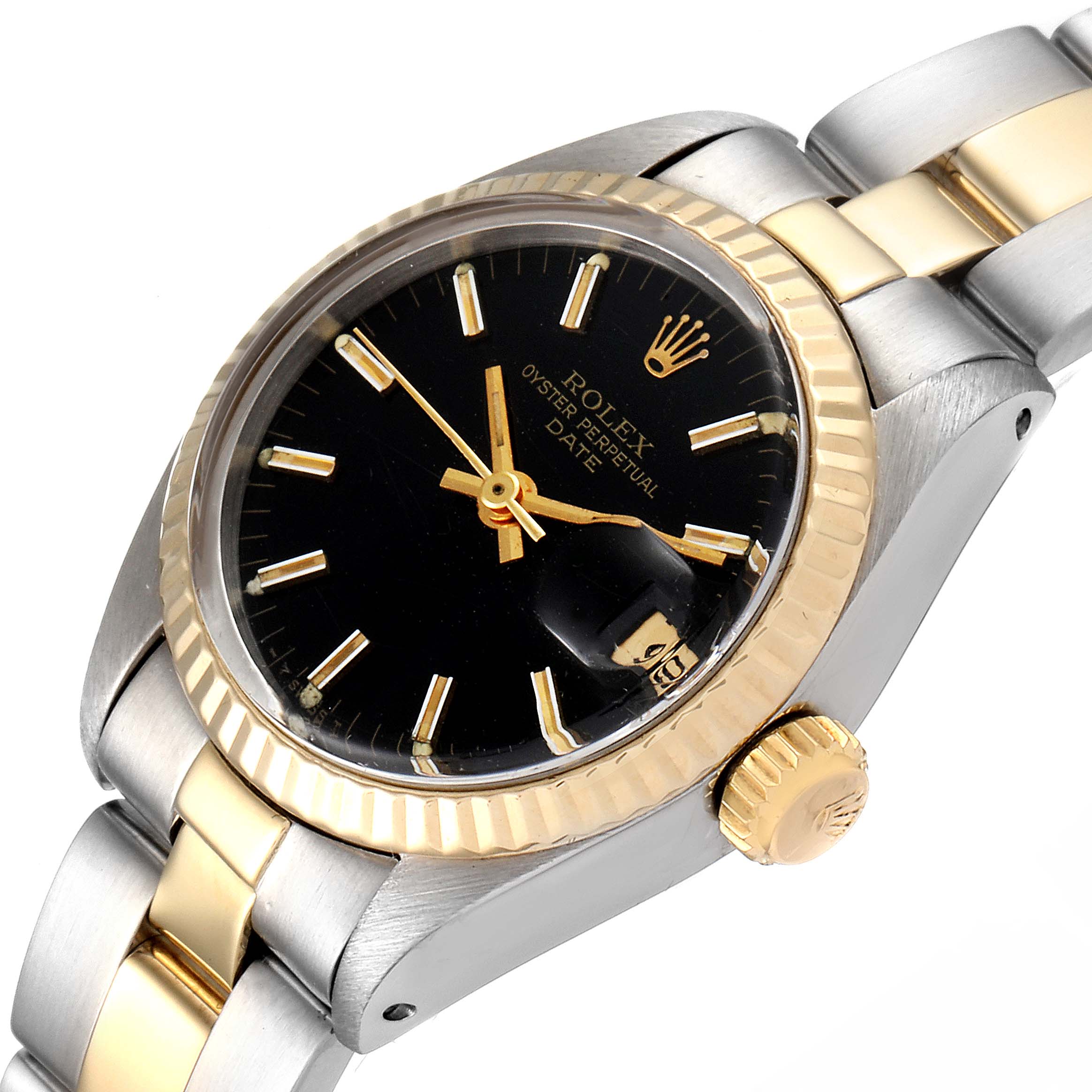 The image shows a close-up, angled view of the Rolex Date 6917 Women's Steel and Gold (two tone) Black Dial 6917 Women's Steel and Gold (two tone) Black Dial model, highlighting its black dial, gold hands, bezel, and crown.