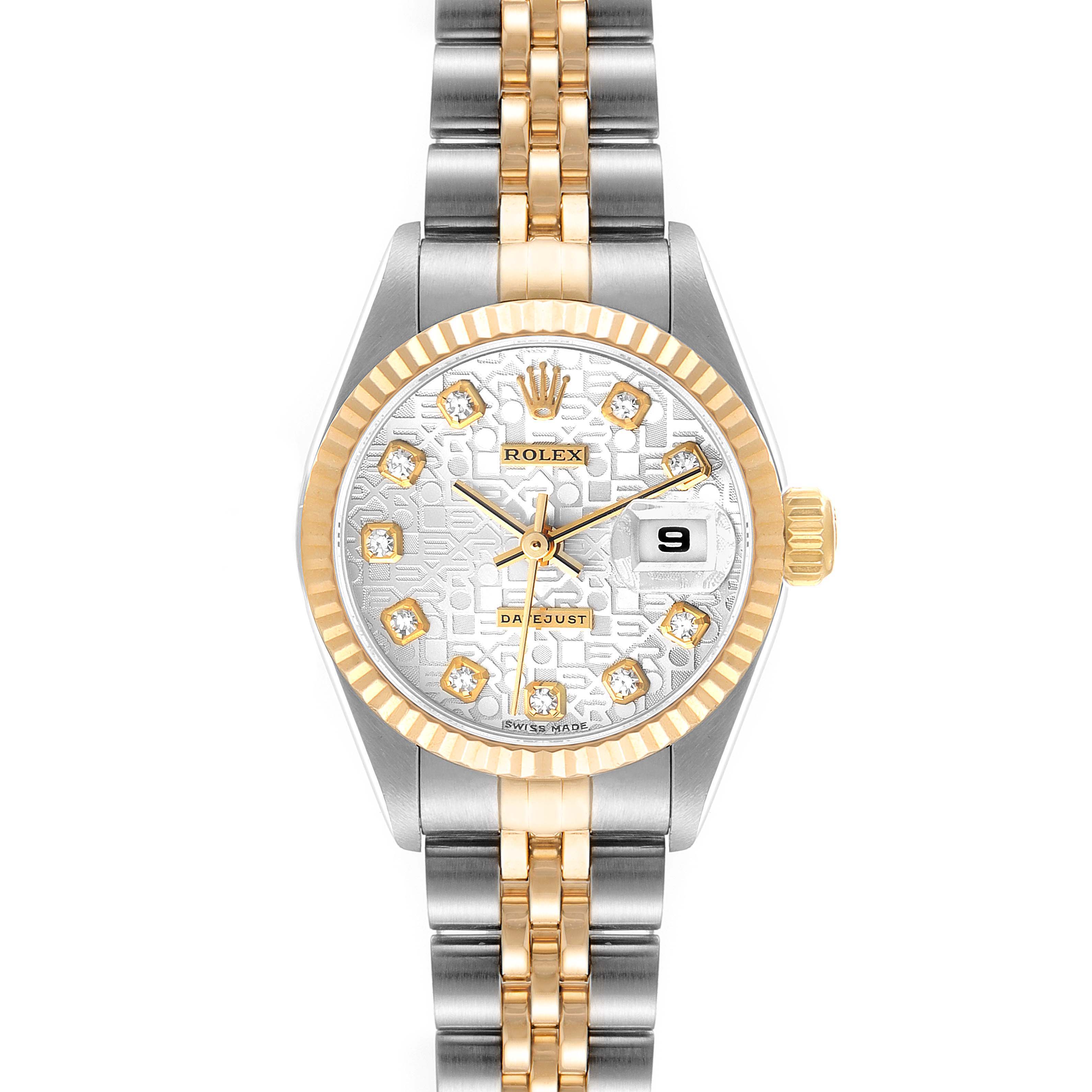 This image shows a front view of a Rolex Datejust 79173 Women
s Steel and Gold (two tone) Silver Dial 79173 Women
s Steel and Gold (two tone) Silver Dial watch, highlighting its face, bezel, and bracelet.