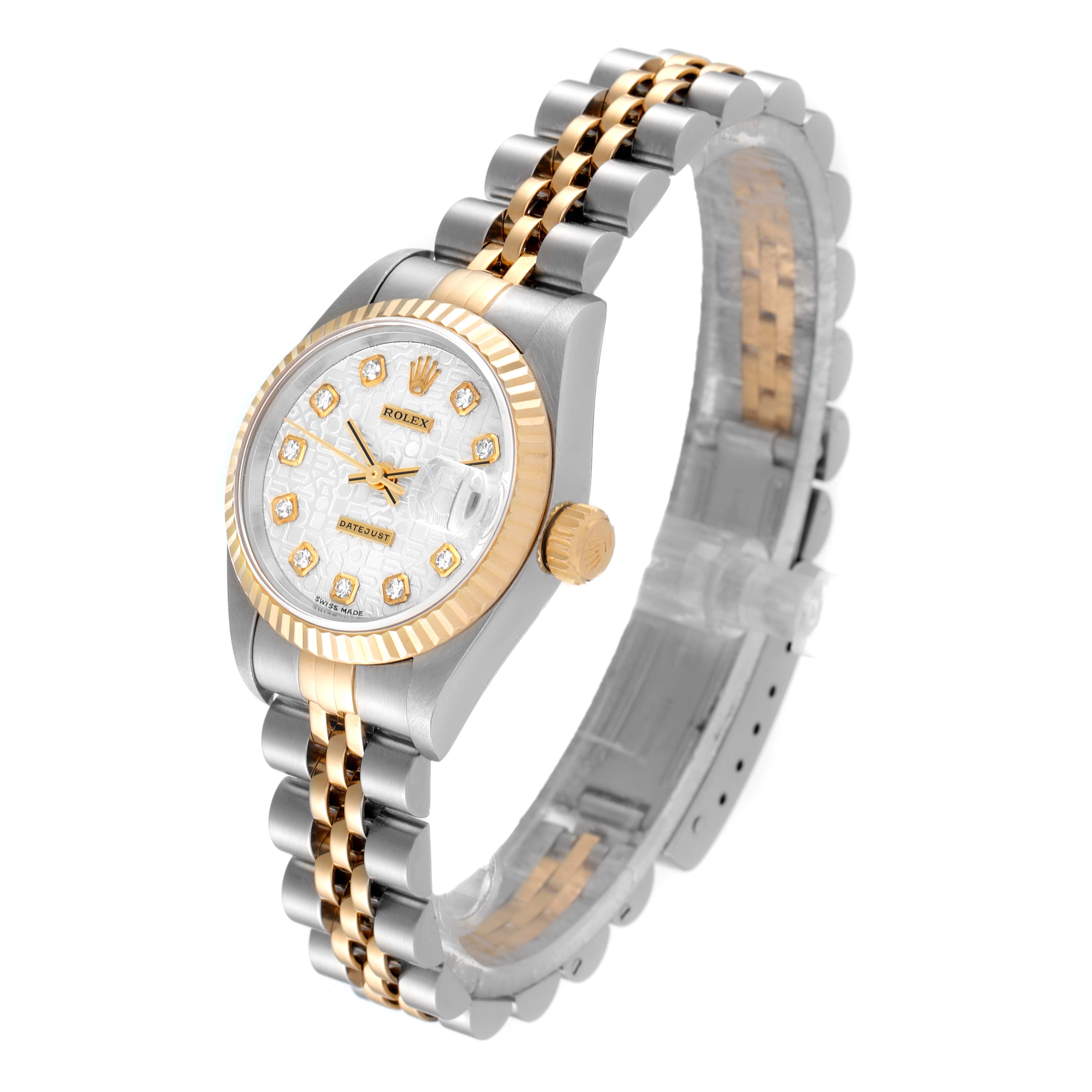 The image shows a Rolex Datejust 79173 Women
s Steel and Gold (two tone) Silver Dial 79173 Women
s Steel and Gold (two tone) Silver Dial watch at a three-quarter angle, highlighting the face, bezel, crown, and bracelet.
