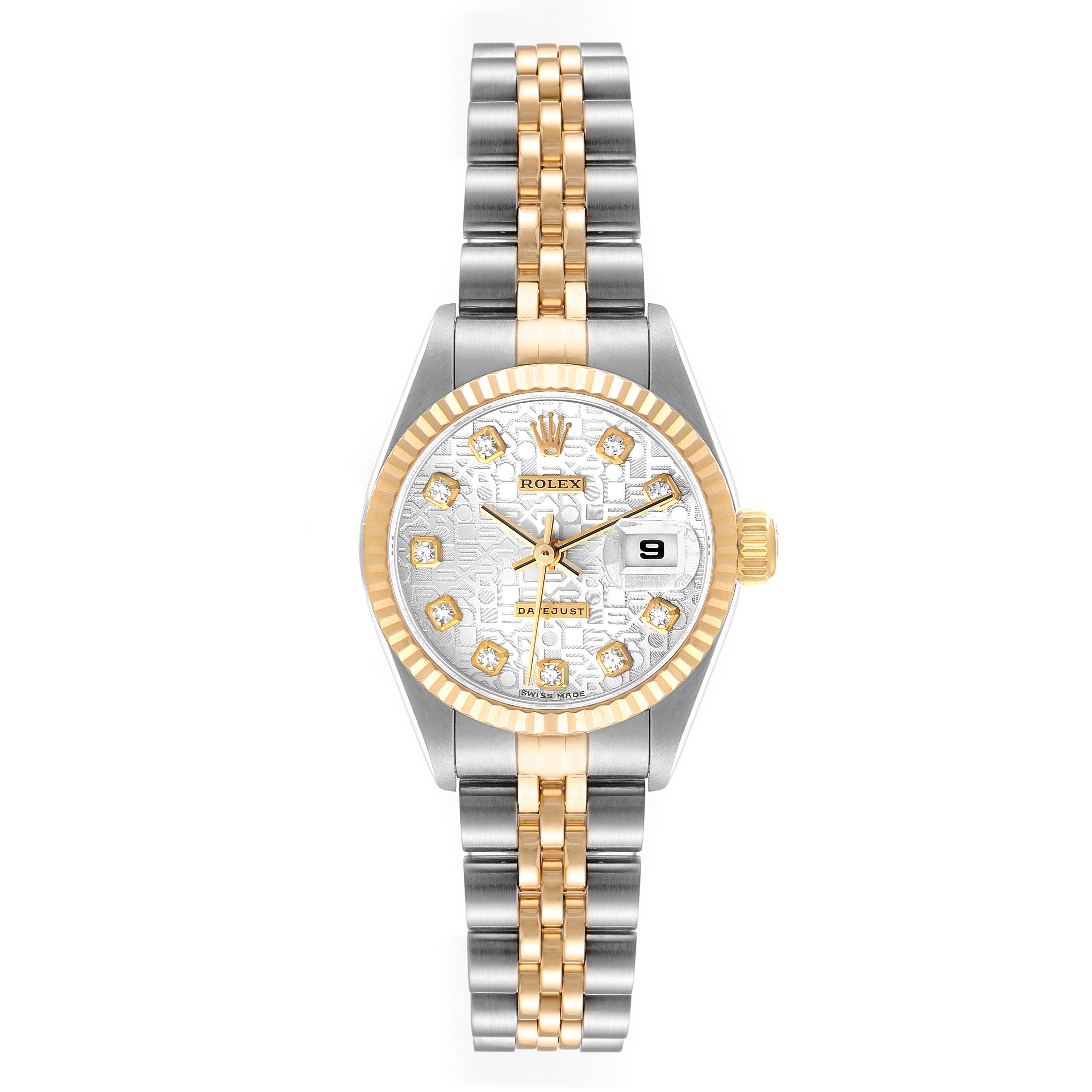 The image shows a frontal view of a Rolex Datejust 79173 Women
s Steel and Gold (two tone) Silver Dial 79173 Women
s Steel and Gold (two tone) Silver Dial watch, highlighting its dial, bezel, and two-tone bracelet.