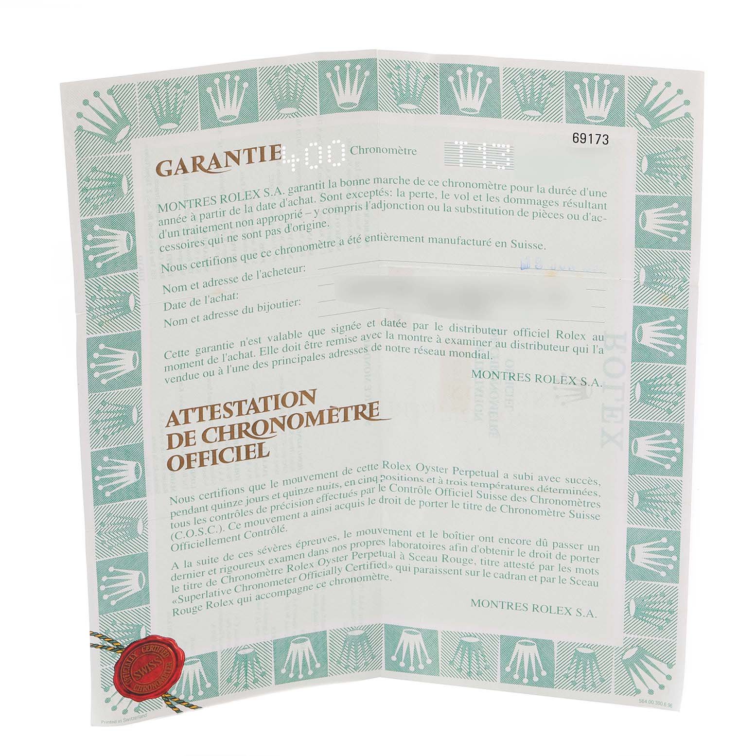 This image shows the warranty certificate for the Rolex Datejust 69173 Women's Steel and Gold (two tone) Black Dial 69173 Women's Steel and Gold (two tone) Black Dial watch model.