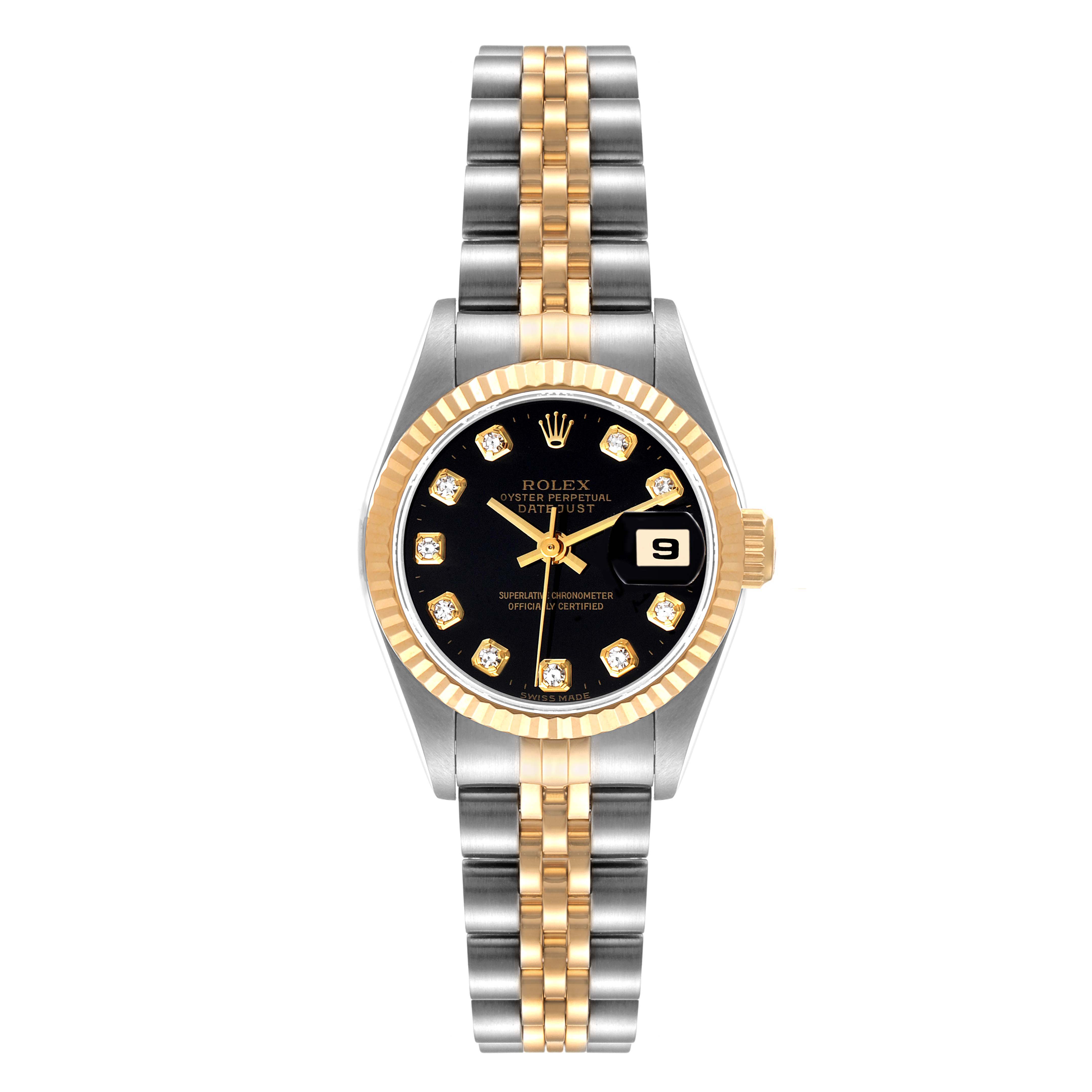 The image shows a Rolex Datejust 69173 Women's Steel and Gold (two tone) Black Dial 69173 Women's Steel and Gold (two tone) Black Dial watch from a front view, highlighting its dial, bezel, case, and bracelet.