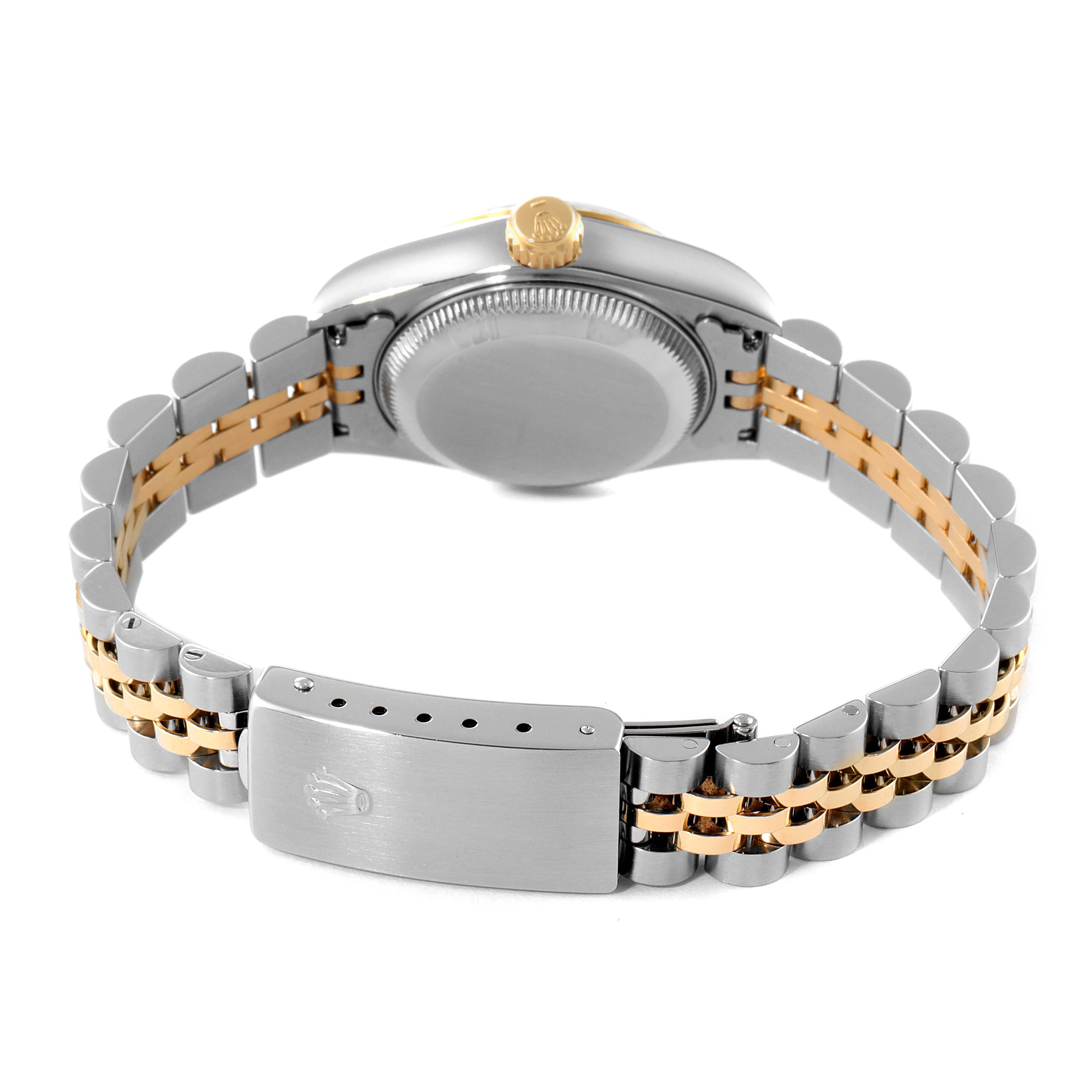 The image shows the back view of a Rolex Datejust 69173 Women's Steel and Gold (two tone) Black Dial 69173 Women's Steel and Gold (two tone) Black Dial watch, highlighting its case back, crown, and two-tone jubilee bracelet.