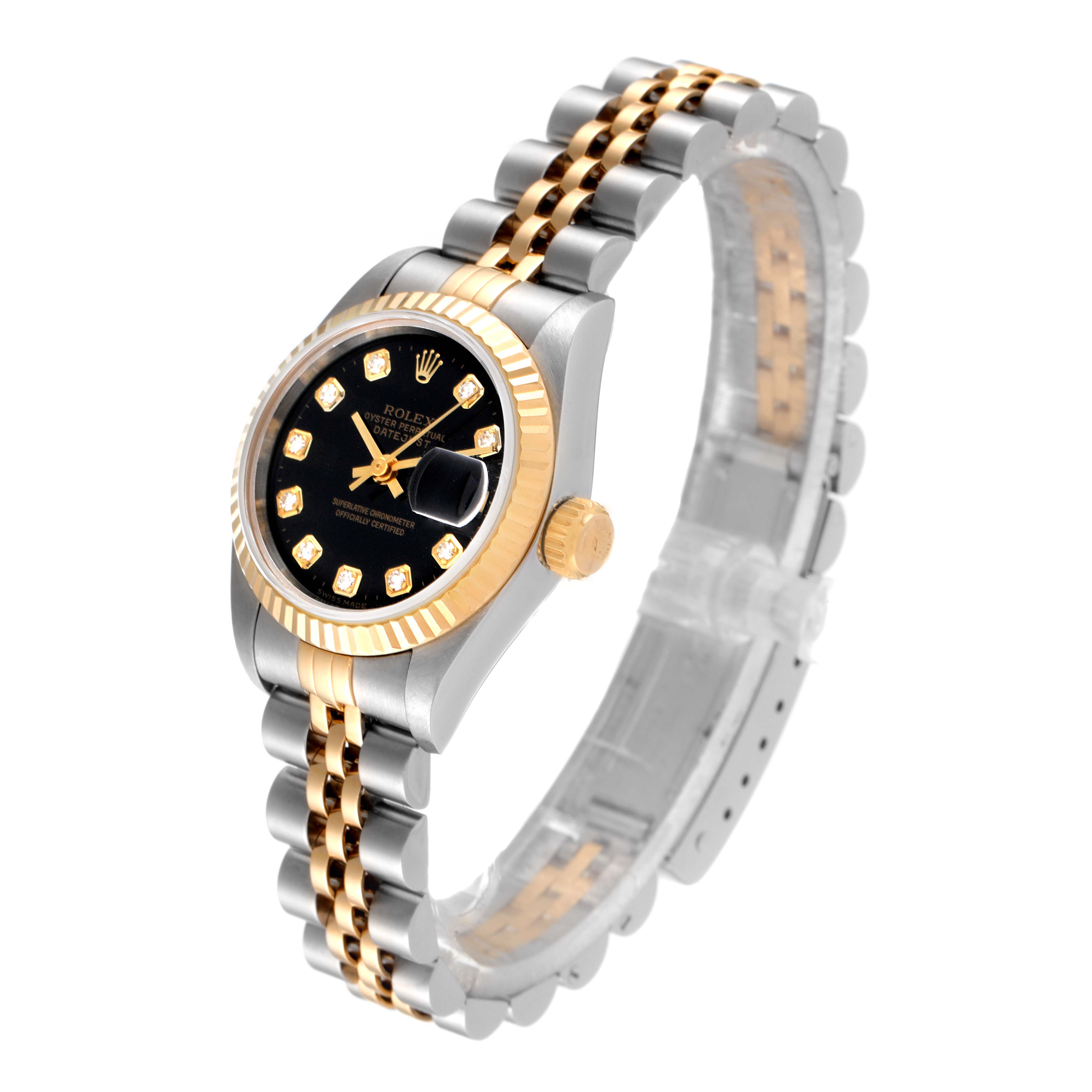 The Rolex Datejust 69173 Women's Steel and Gold (two tone) Black Dial 69173 Women's Steel and Gold (two tone) Black Dial watch is shown at a side angle displaying its two-tone bracelet, gold bezel, black dial, and date magnifier.