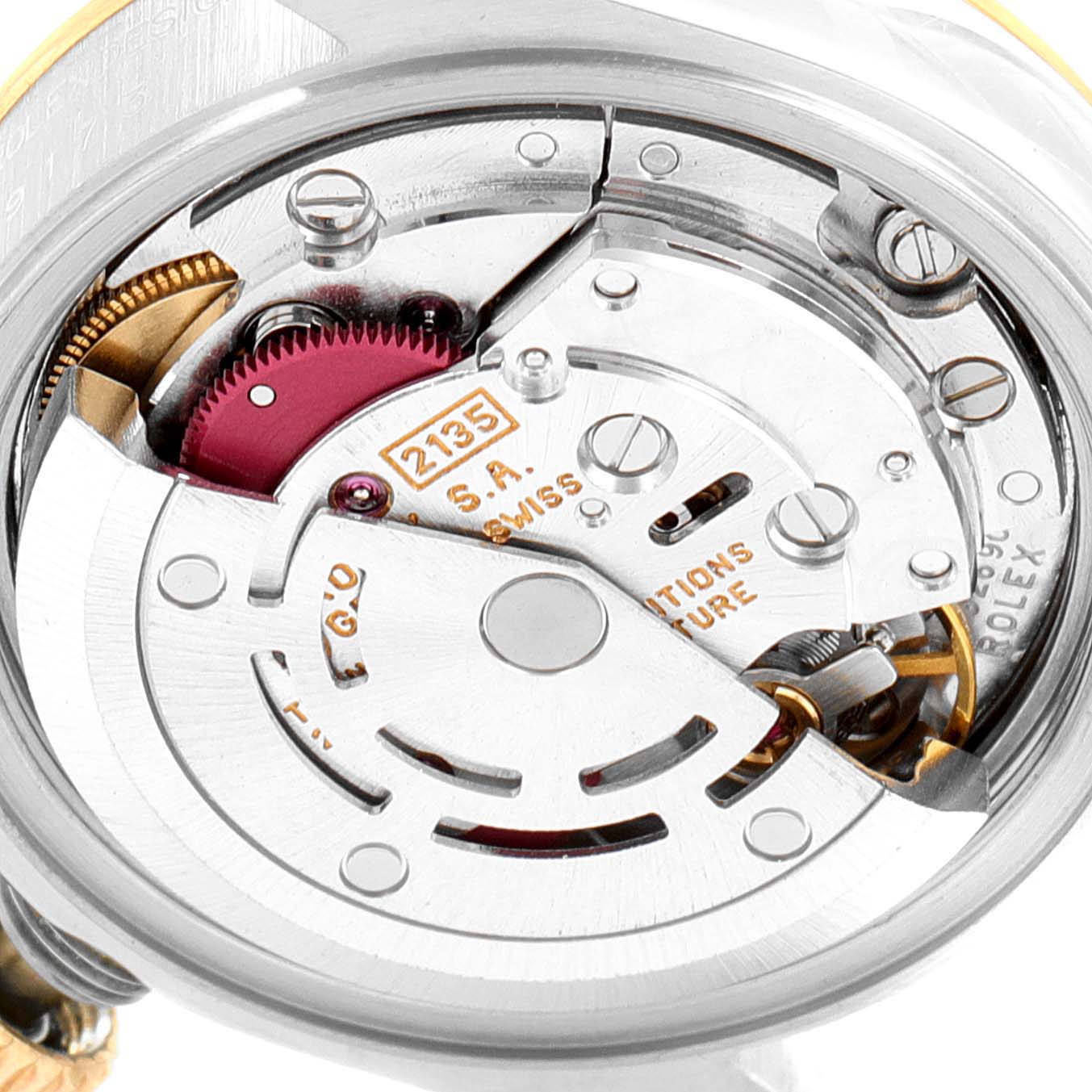 This image shows the movement mechanism from the back of a Rolex Datejust 69173 Women's Steel and Gold (two tone) Black Dial 69173 Women's Steel and Gold (two tone) Black Dial watch.