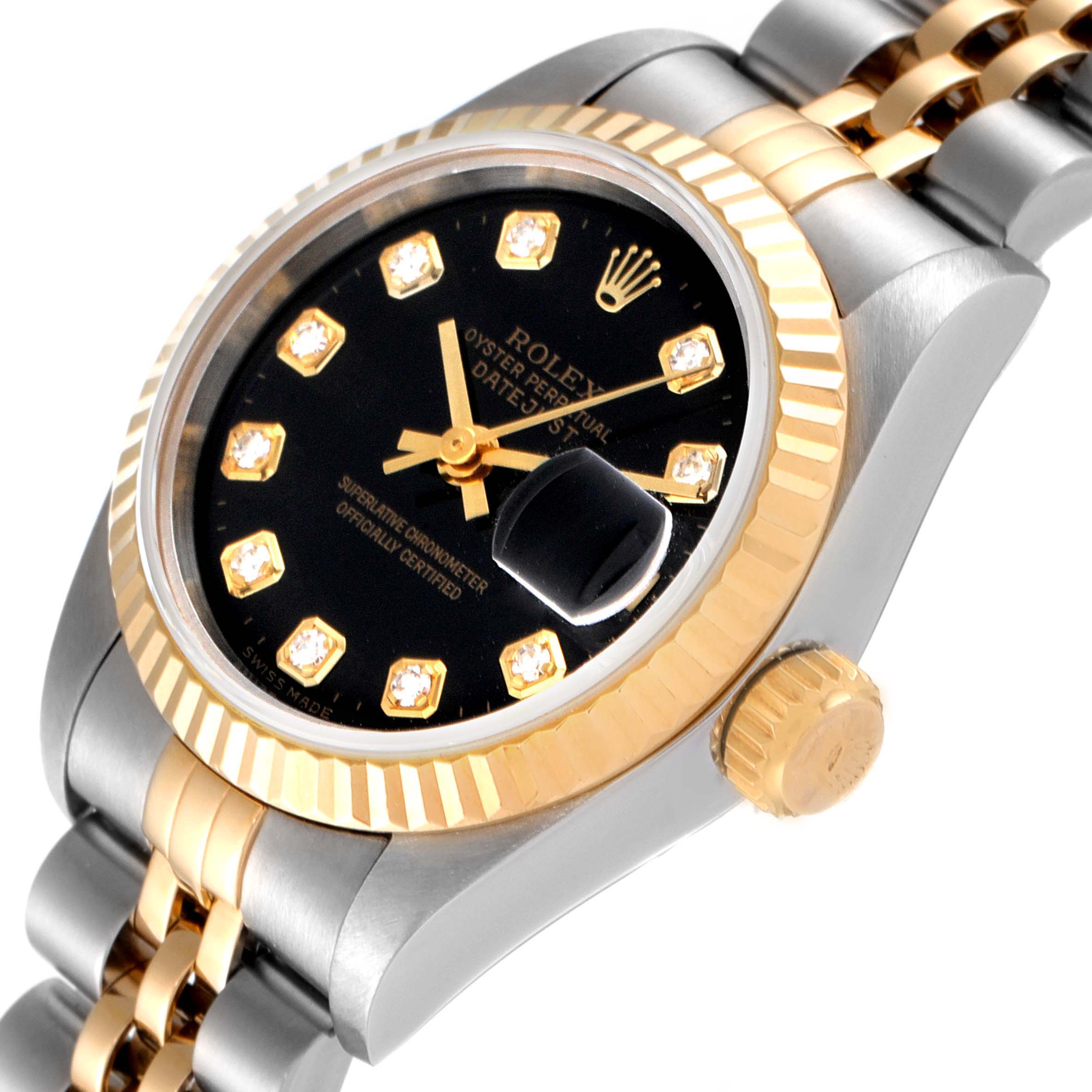 This is a close-up angled view of the Rolex Datejust 69173 Women's Steel and Gold (two tone) Black Dial 69173 Women's Steel and Gold (two tone) Black Dial, showing the bezel, dial, crown, and part of the bracelet.