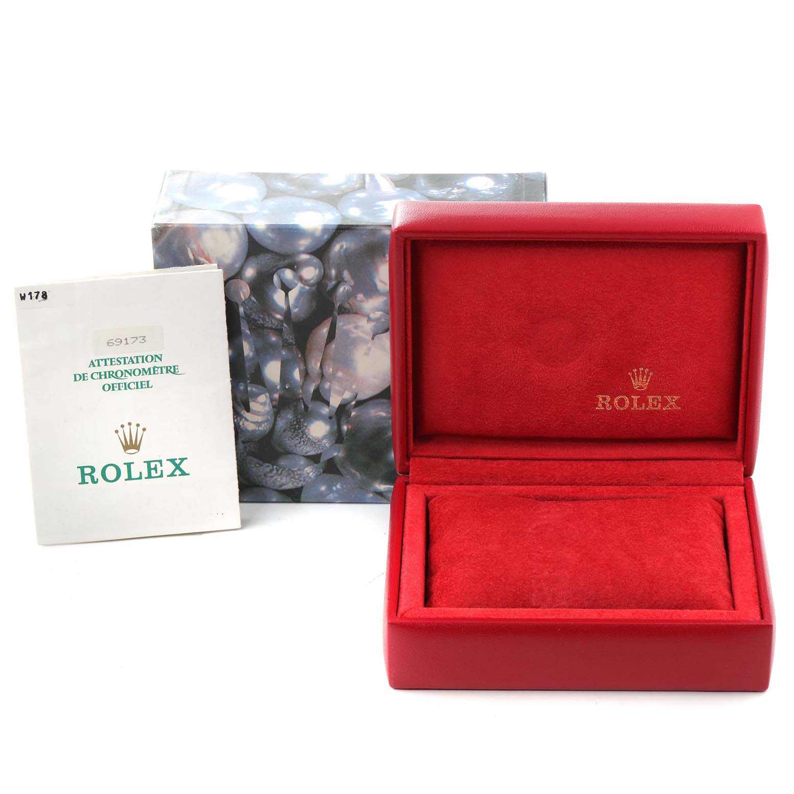 The image shows a red Rolex Datejust 69173 Women's Steel and Gold (two tone) Blue Dial 69173 Women's Steel and Gold (two tone) Blue Dial watch box, warranty booklet, and outer box at a frontal angle.