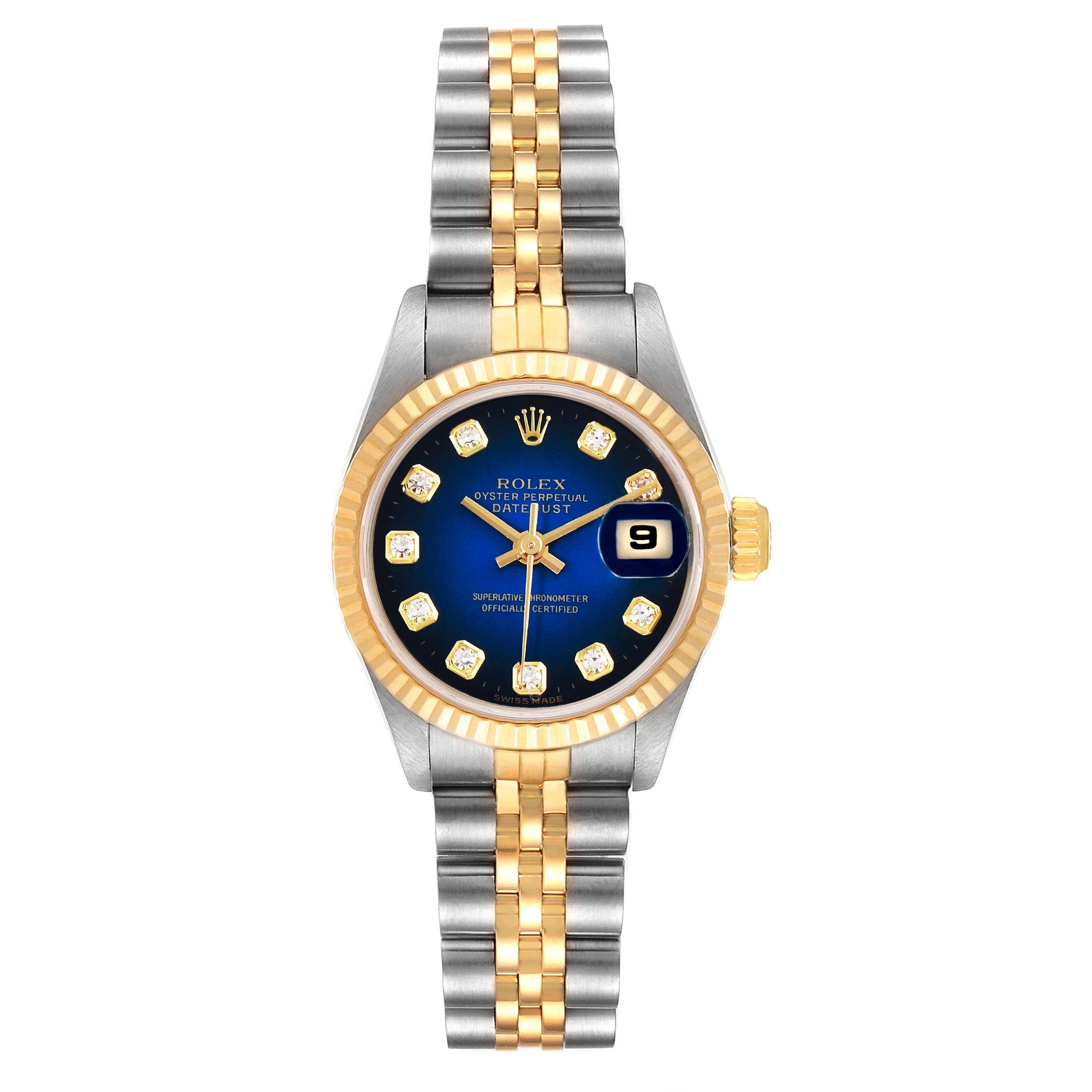 This image shows a frontal view of a Rolex Datejust 69173 Women's Steel and Gold (two tone) Blue Dial 69173 Women's Steel and Gold (two tone) Blue Dial watch, highlighting its two-tone bracelet, fluted bezel, and blue dial with date window.
