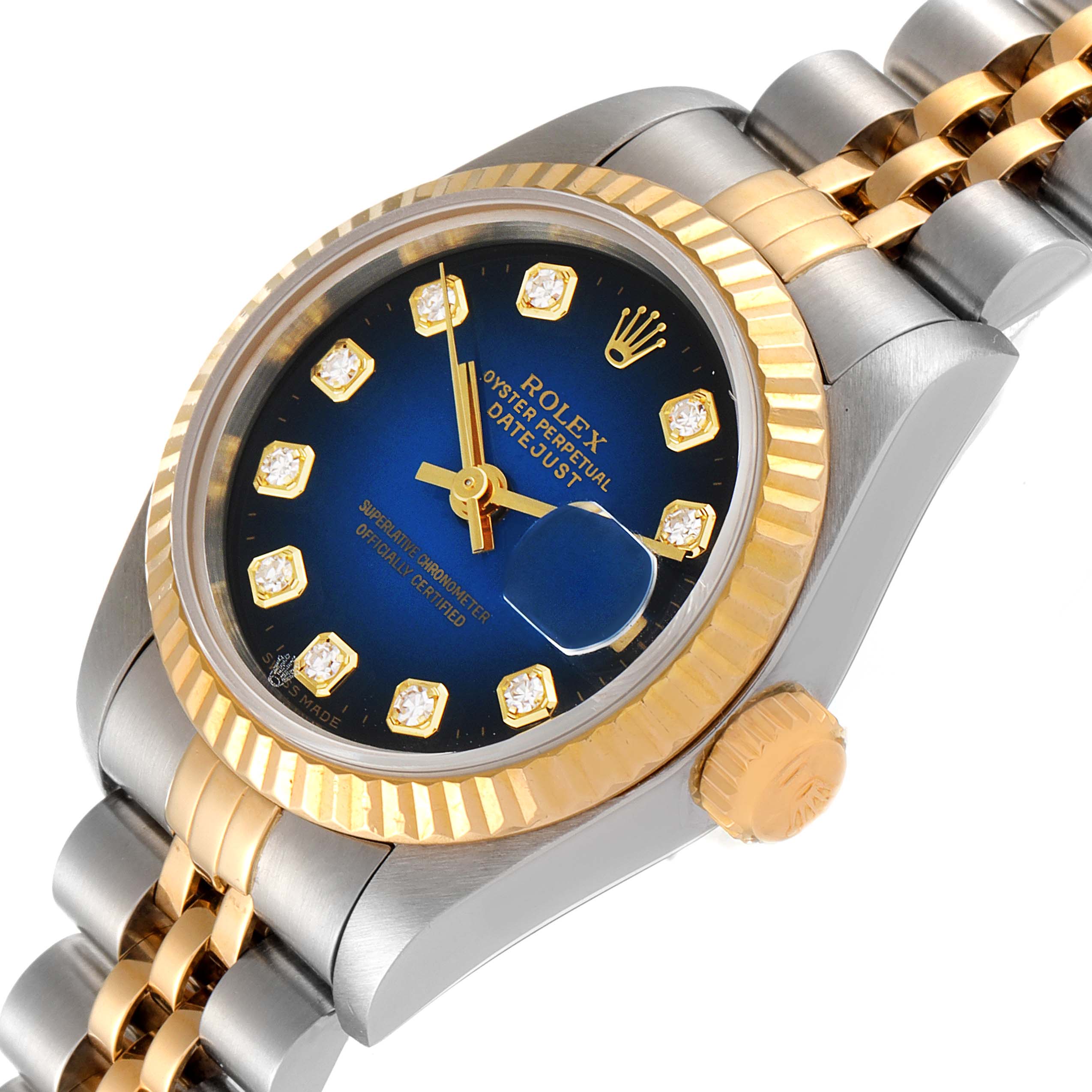 The Rolex Datejust 69173 Women's Steel and Gold (two tone) Blue Dial 69173 Women's Steel and Gold (two tone) Blue Dial watch is shown at an angle displaying its blue dial, gold fluted bezel, crown, and two-tone bracelet.