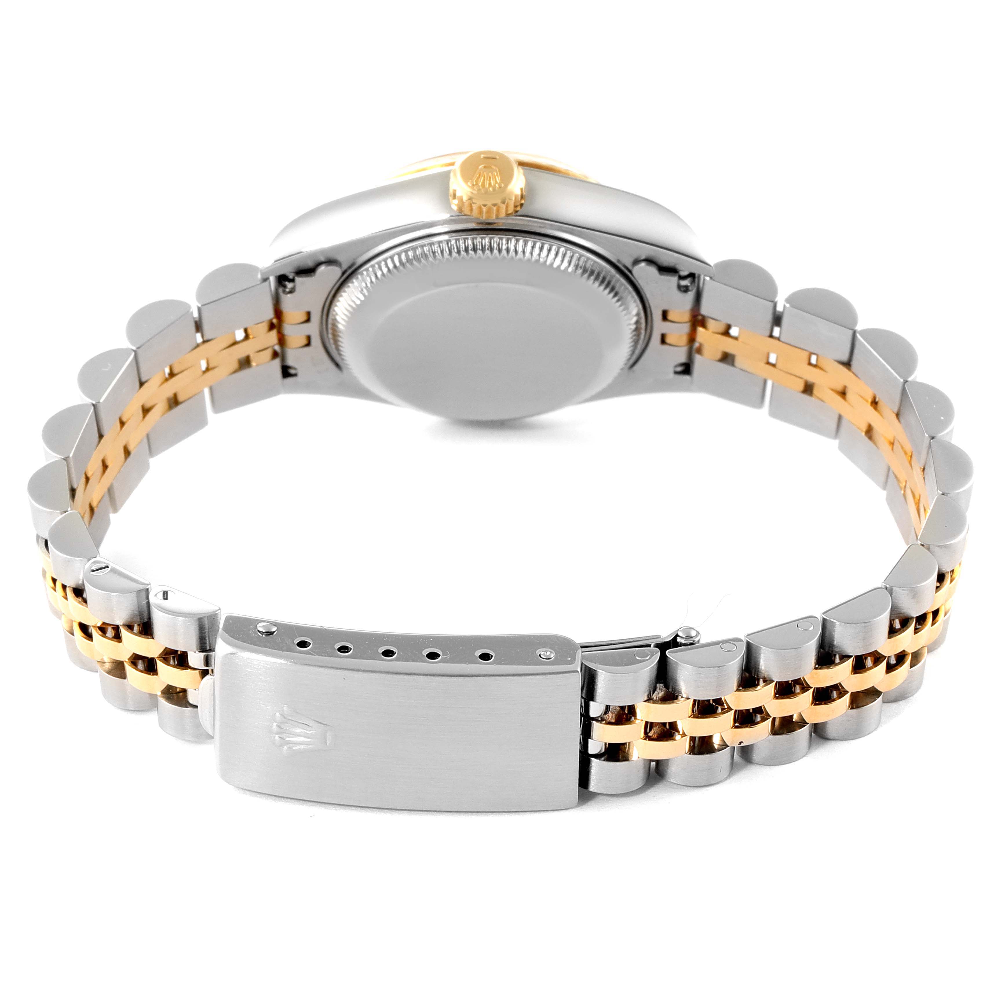 The image shows the back view of a Rolex Datejust 69173 Women's Steel and Gold (two tone) Blue Dial 69173 Women's Steel and Gold (two tone) Blue Dial with its two-tone bracelet and clasp visible.